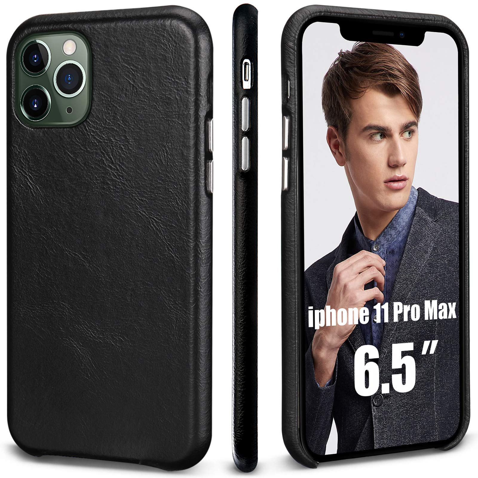 Premium Genuine Leather iPhone 11 Pro Max Case (6.5 Inch 2019) - Ultra Slim Shockproof Hard Shell with Anti-Scratch Protection - Perfect for Business, Travel & Everyday Use (Black)