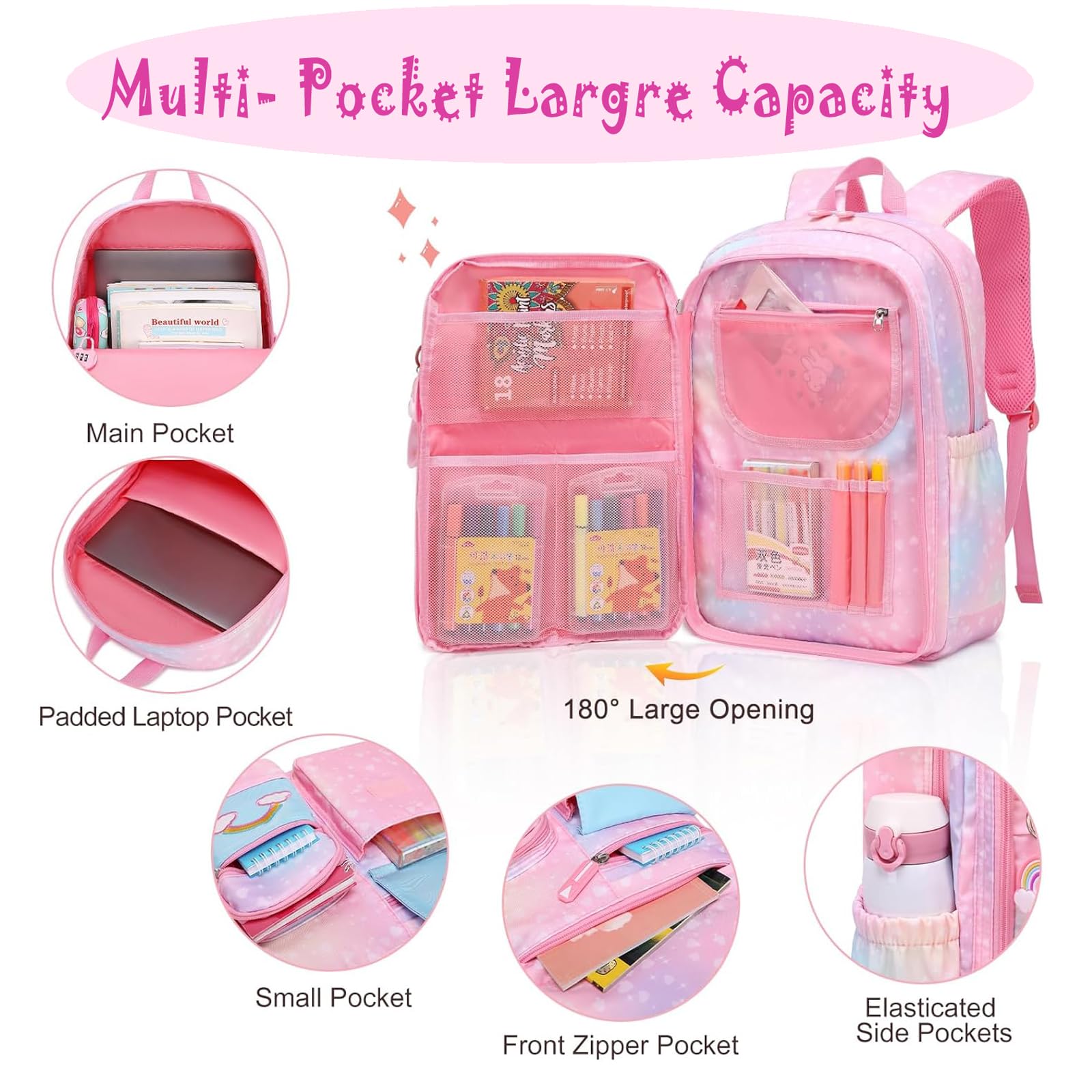 **Rainbow School Backpack for Girls - Cute Medium Pink Bookbag with Laptop Compartment for Travel, Class & Daily Use**