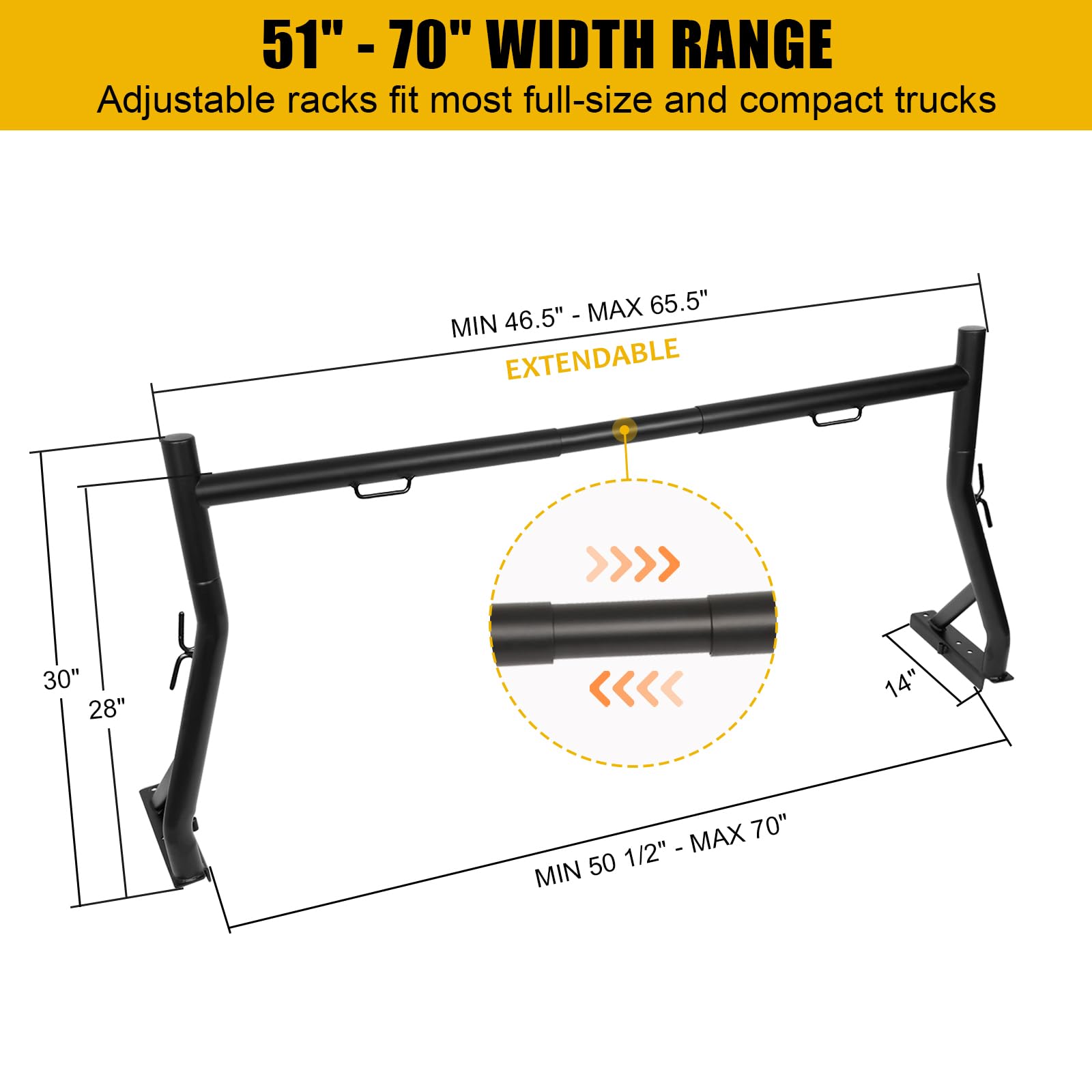 Heavy Duty Steel Truck Bed Ladder Rack - No Drill Installation, Extendable 52