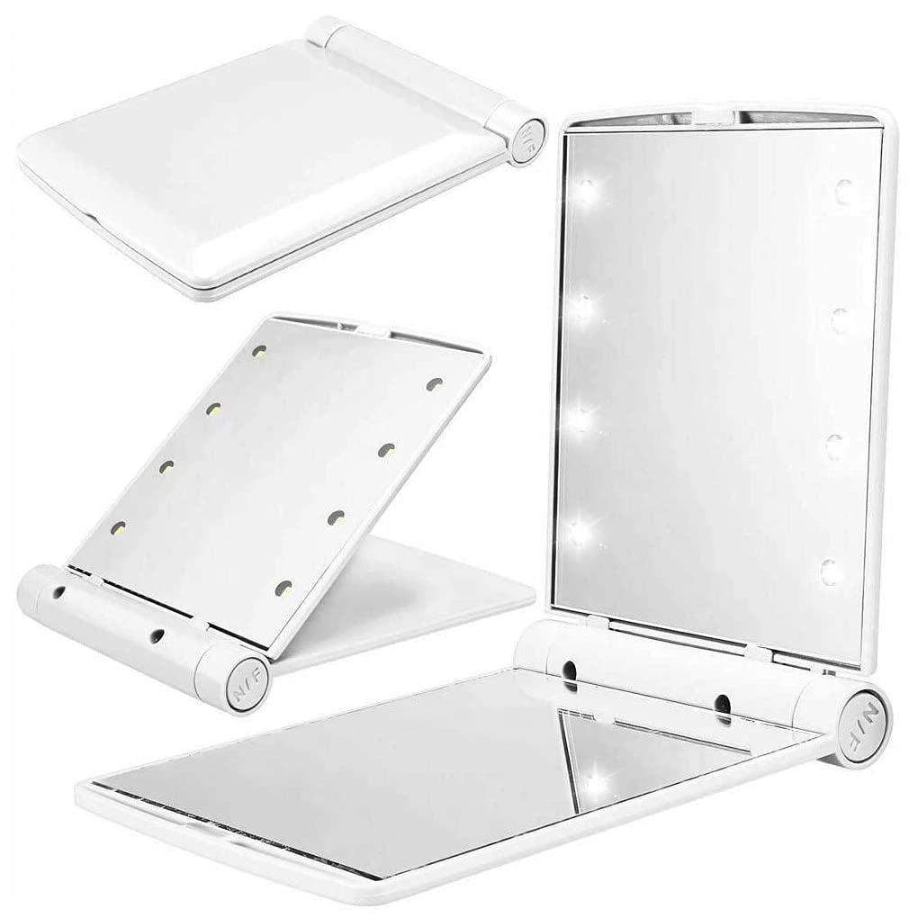 LED Compact Mirror with 8 Lights - Portable Folding Makeup Mirror for Women, Travel Vanity Mirror with Adjustable Brightness, Perfect Gift & Purse Essential for Home, Office & On-the-Go Touchups
