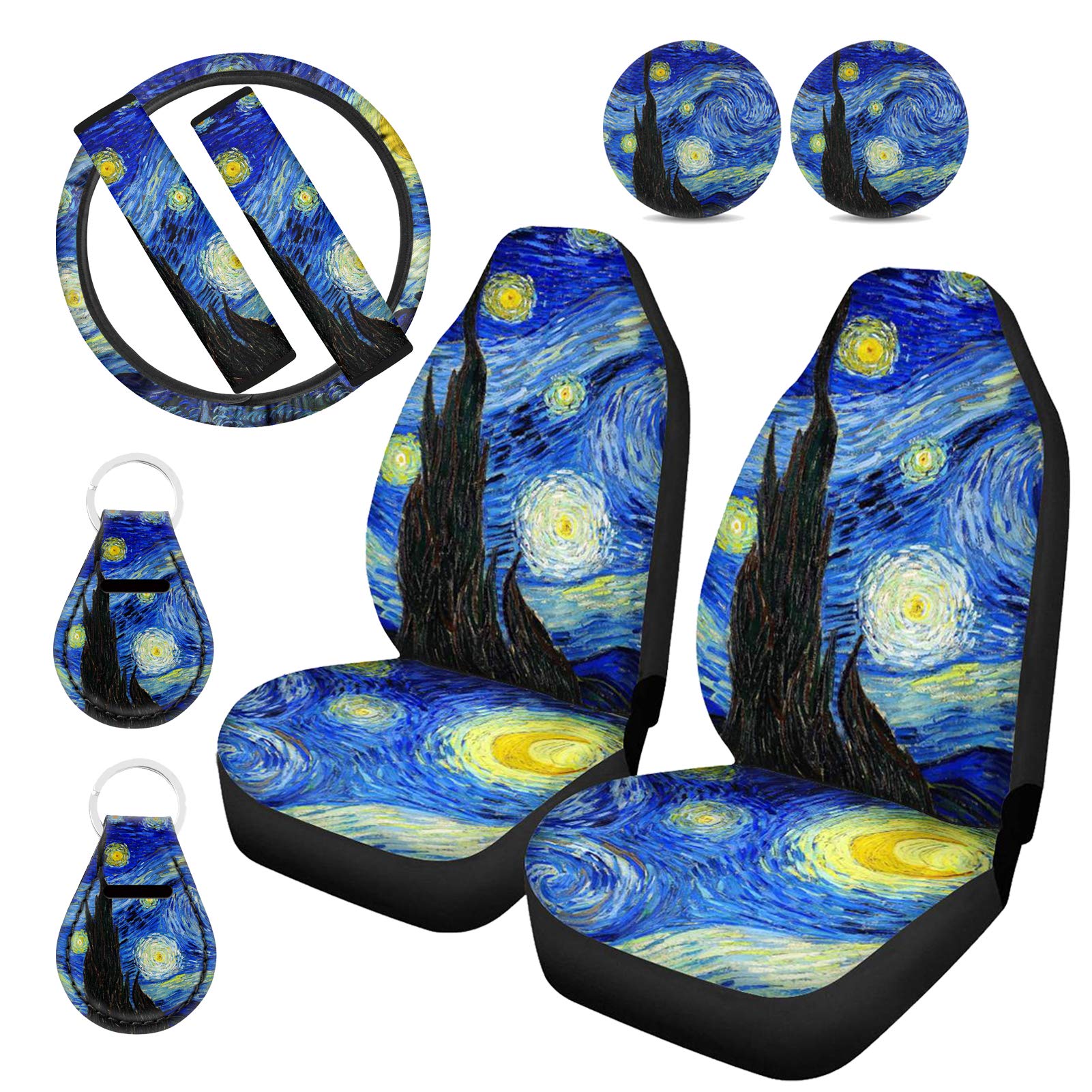 WELLFLYHOM 9-Piece Car Interior Accessories Set - Van Gogh Starry Night Design Front Seat Covers, Steering Wheel Wraps, Seat Belt Pads, Cup Holder Coasters & Keychains | Perfect Car Gift for Men & Women | Ideal for Daily Commuting, Road Trips & Car Enthusiasts