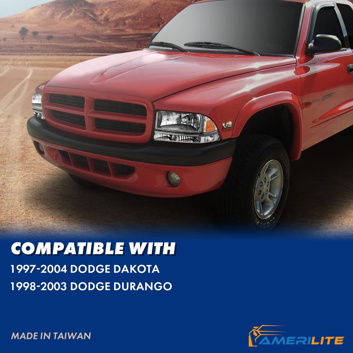 AmeriLite Chrome Replacement Headlights Corner Parking Light Set for Dodge Dakota & Durango - Driver & Passenger Side - High Visibility & Durable for Night Driving & Off-Road Adventures