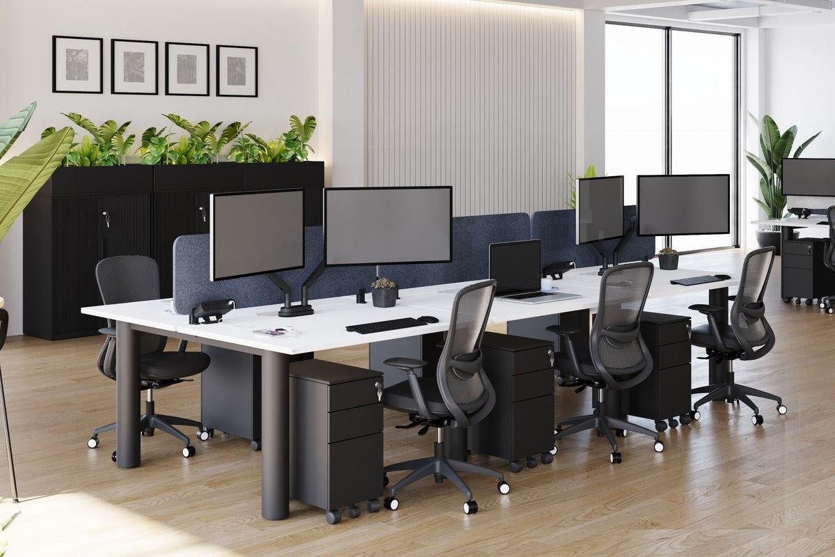 Quadro Cylinder Leg 6-Person Office Workstation Desk - 1400L x 800W with Cable Management Scallop - Modern Open Office Layout, Team Collaboration Space, Shared Workspace Solution
