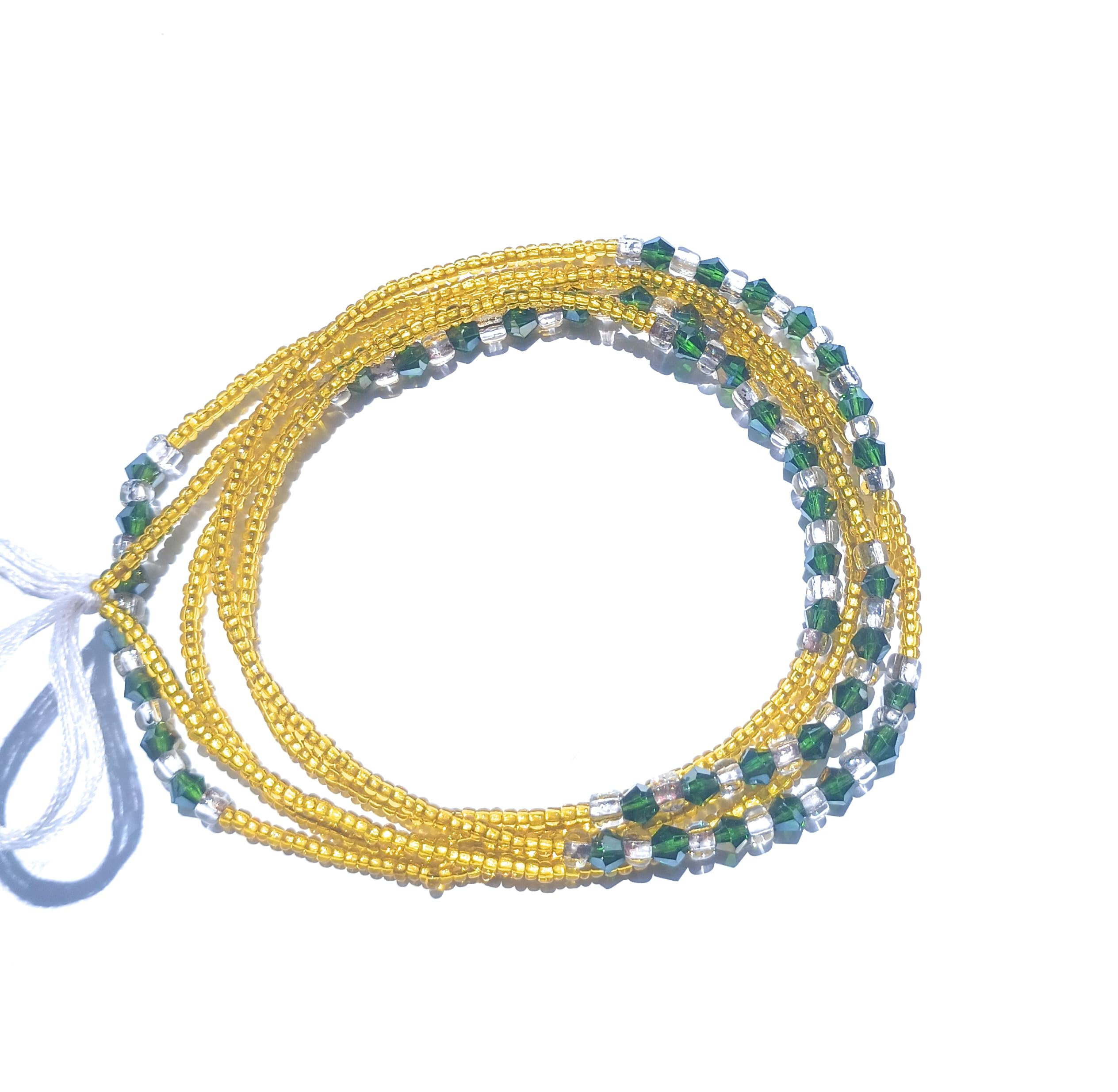 African Waist Beads - Yellow Glass Beads with Green Accents, 42-Inch Tie-on Crystal Clusters for Belly Dance, Body Jewelry & Waist Training | Handmade Diamond Shaped Beaded Strands