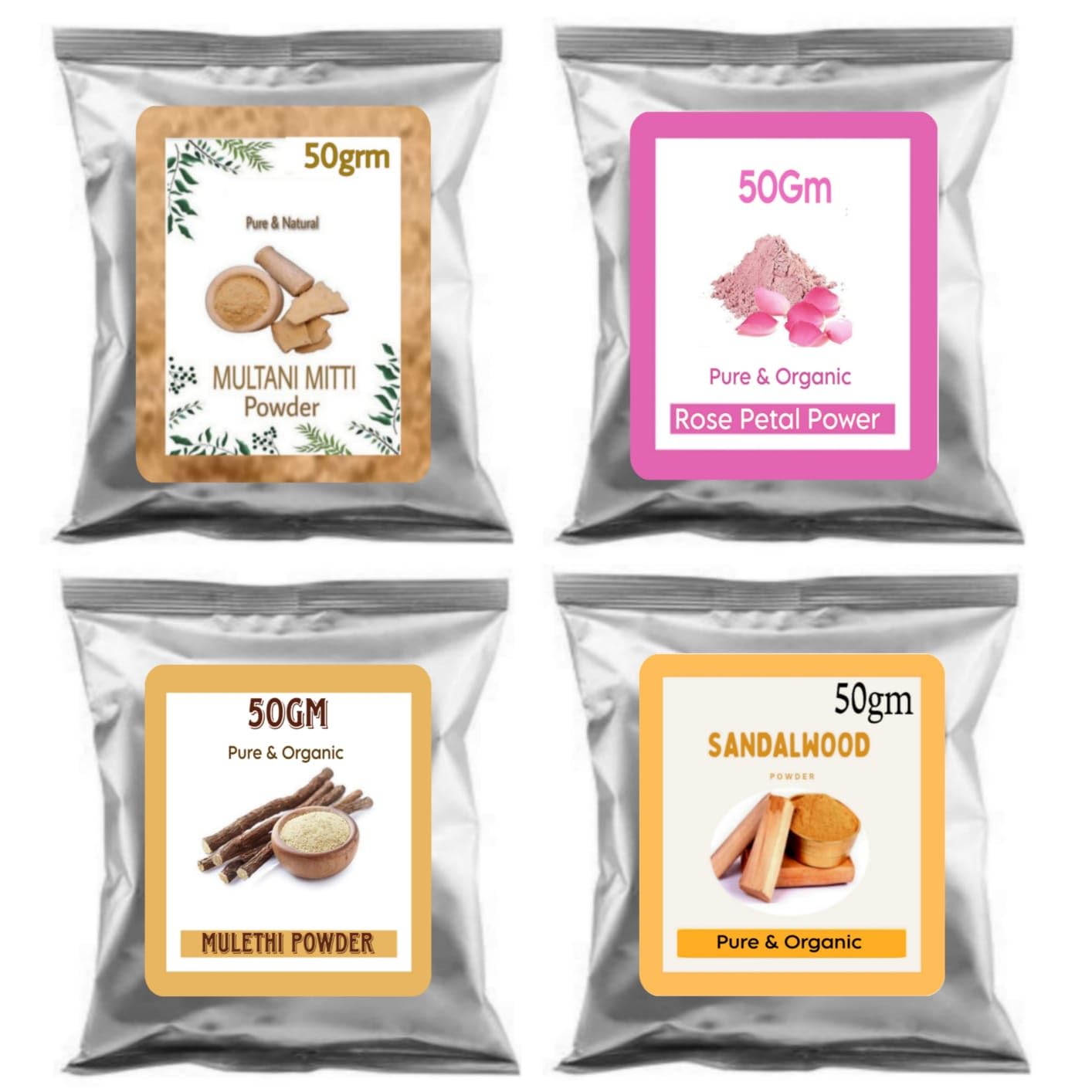 **Organic Multani Mitti Clay Powder, Rose Petal Powder, Licorice Root Powder & Sandalwood Powder (50g Each) – Natural Skincare for Glowing Face, Acne Treatment & DIY Beauty Masks**