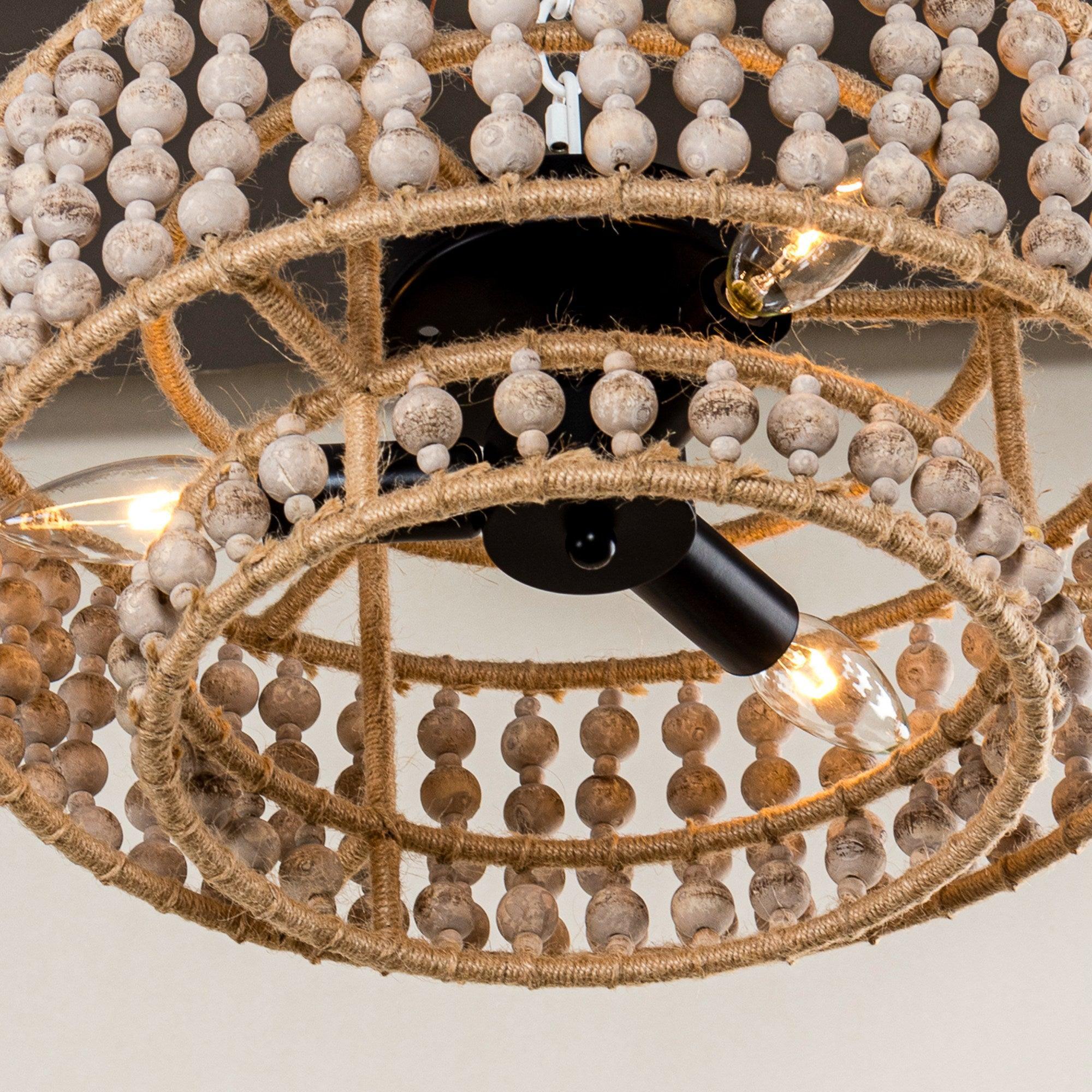 Farmhouse 3 Light Wood Beaded Flush Mount Ceiling Light Fixture - Rustic Chandelier for Kitchen, Dining Room & Bedroom Lighting