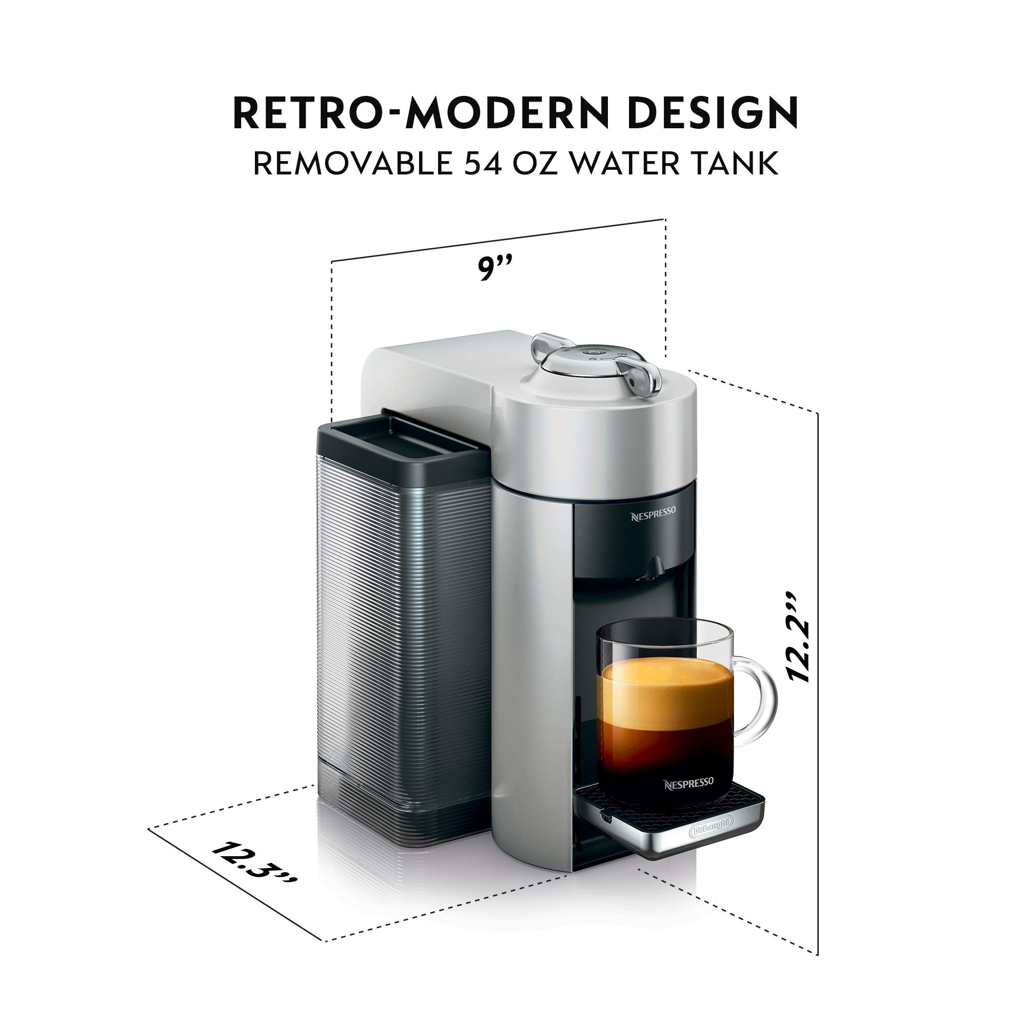 De'Longhi Nespresso Vertuo Coffee & Espresso Maker with 54oz (1597ml) Water Tank - Silver | Brews Coffee, Espresso & Alto Drinks | Perfect for Home, Office & Small Cafes