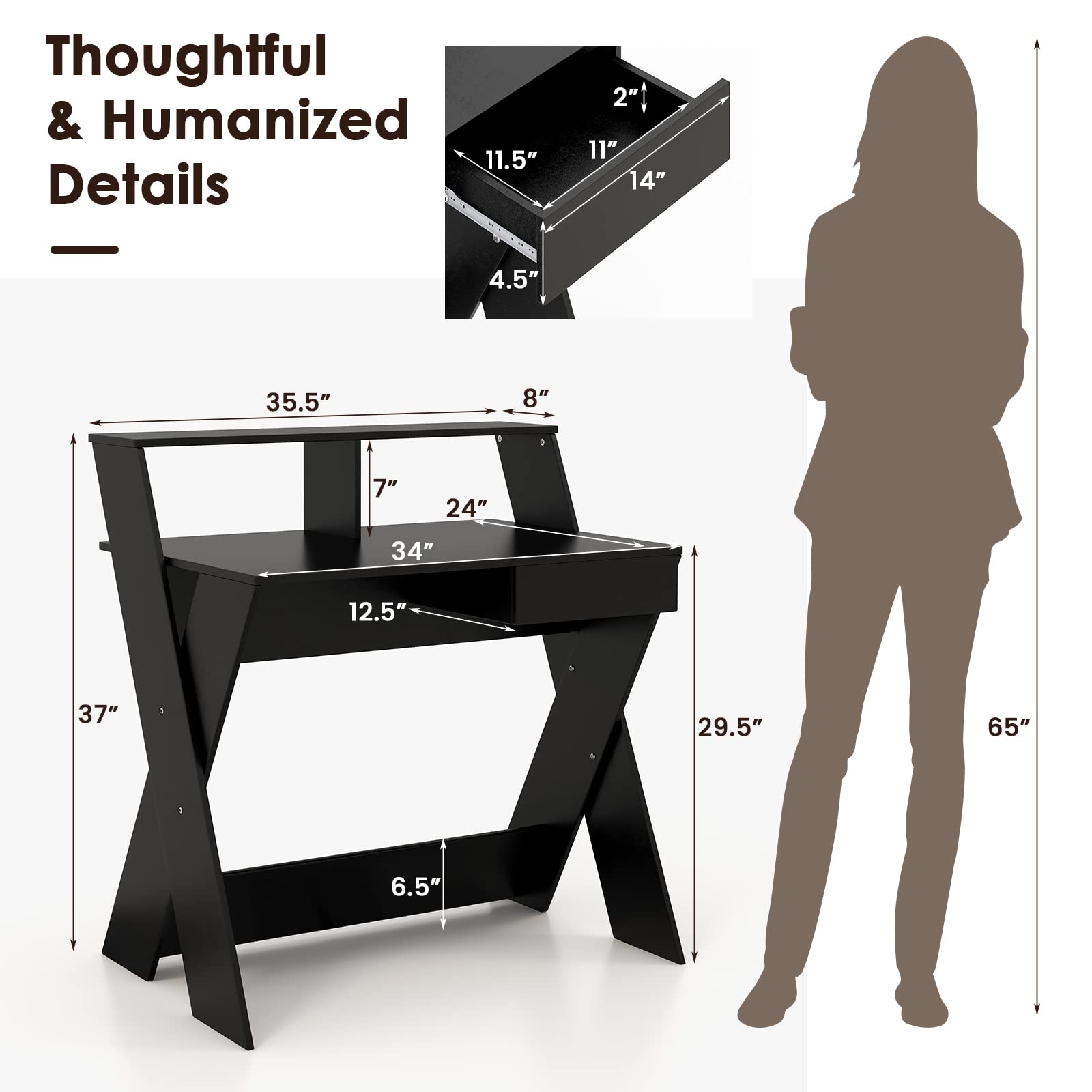 Tangkula 2-Tier Compact Computer Desk with Storage Drawer & Monitor Stand - Small Writing Desk with X-Shaped Legs & Footrest - Space Saving Study Table for Home Office, Dorm Room & Small Spaces (Black) - Perfect for Remote Work, Online Learning & Gaming Setup