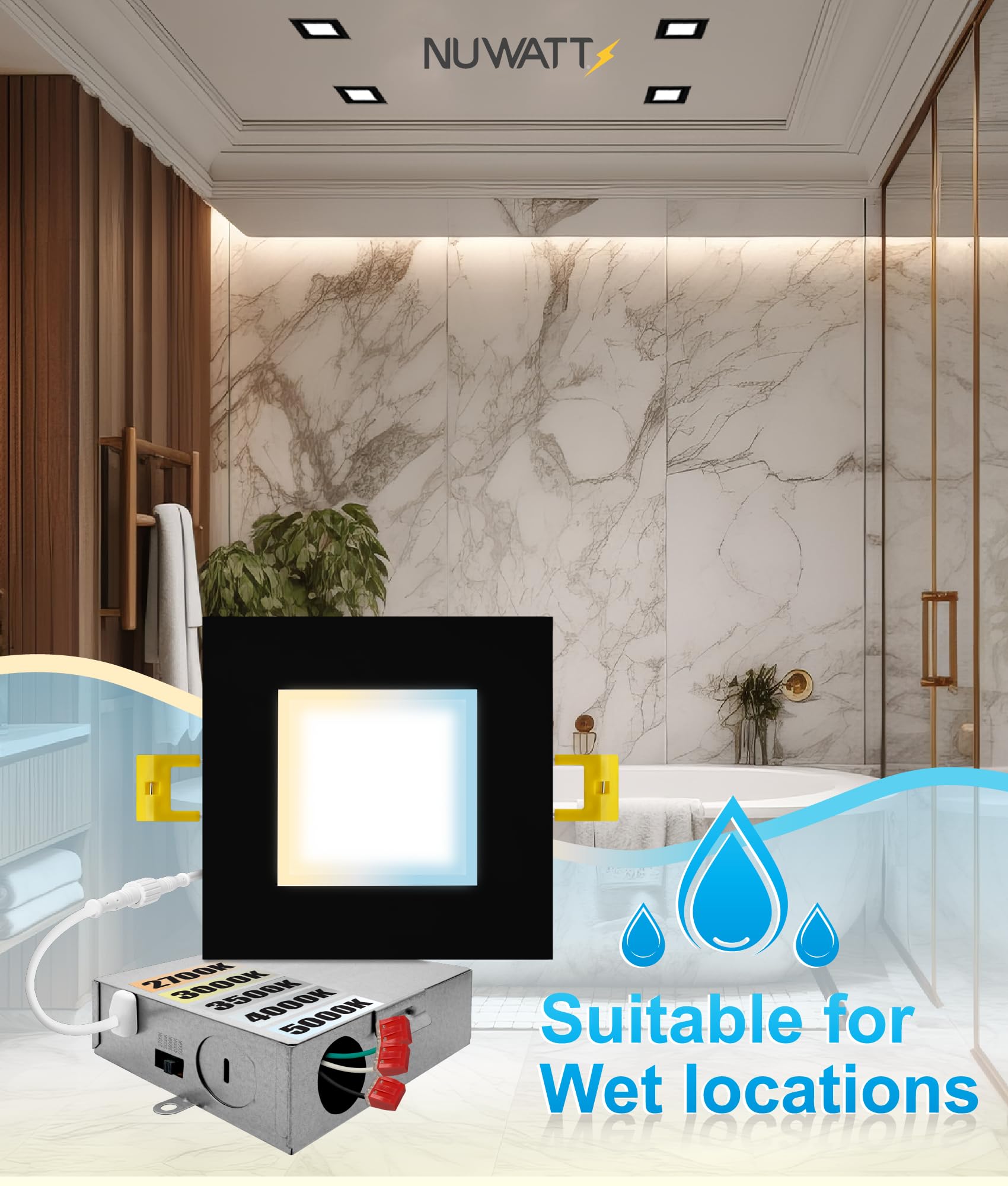 NUWATT 12 Pack 4 Inch Ultra-Thin LED Recessed Lights - Dimmable Canless Wafer Lights with Selectable Color Temperature (2700K-5000K), 630 Lumens, IC Rated, Black Slim Panel - Perfect for Bedrooms, Kitchens, and Living Rooms