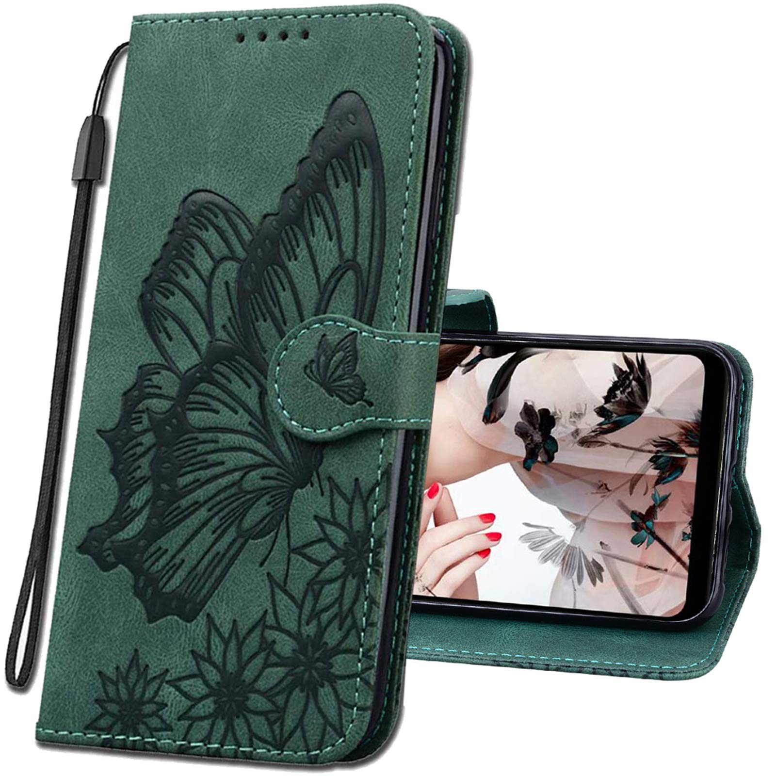 Premium Leather Flip Wallet Case for Samsung Galaxy A20/A30 - Slim Protective Cover with Magnetic Closure & Card Holder | Butterfly Green CY3 | Perfect for Work, Travel & Everyday Use