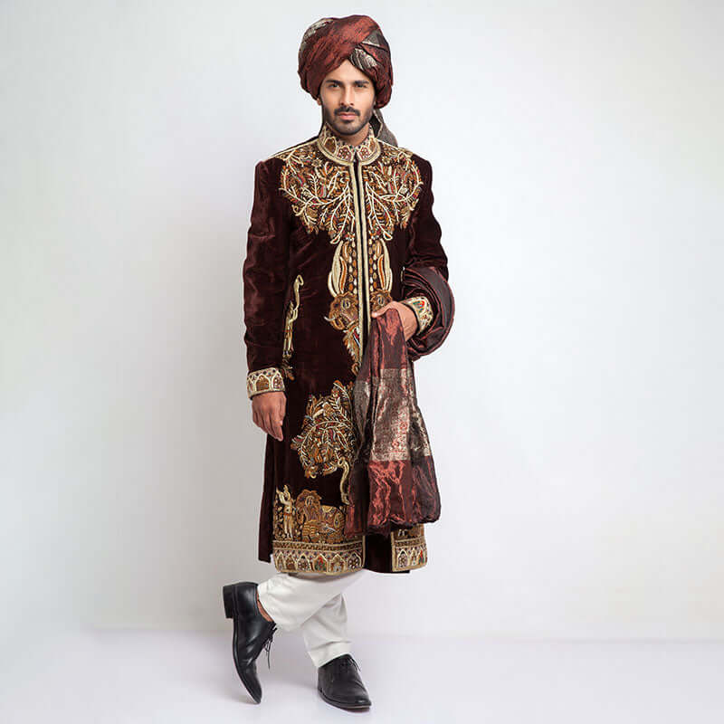 Deep Burgundy Velvet Form Fitted Sherwani for Men | Elegant Indian Wedding Outfit | Perfect for Groom, Groomsmen & Special Occasions