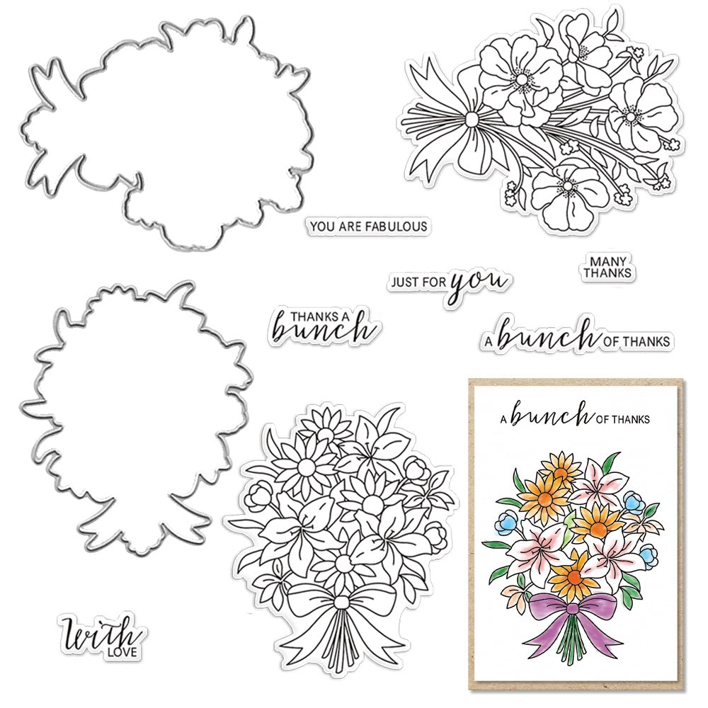 Spring Flowers Clear Stamps & Dies Set for Card Making | Thanksgiving Floral Frame Cutting Dies | Scrapbooking & Journaling Craft Supplies | Perfect for DIY Greeting Cards, Gift Tags & Memory Albums
