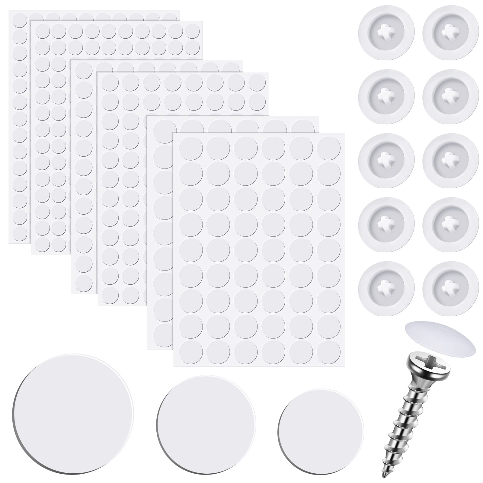 Eersida 100 Pcs White Screw Caps & 580 Pcs Self-Adhesive Furniture Hole Covers - Plastic Self-Tapping Screw Caps & Wood Furniture Hole Stickers for DIY Home Repair, Cabinet, Table, and Chair Maintenance