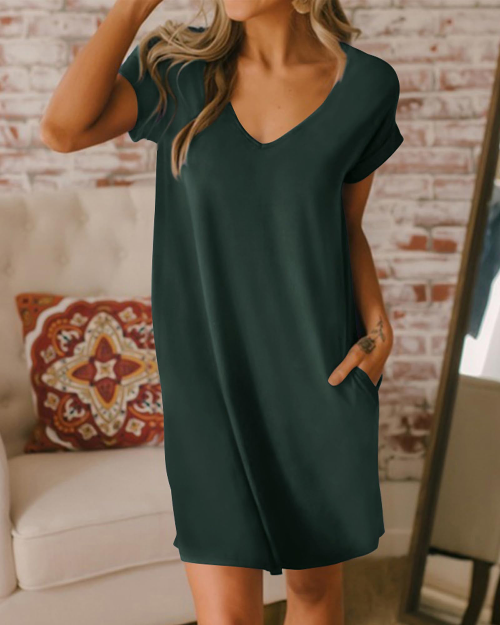 BTFBM Women's V-Neck Short Sleeve Summer Dress 2025 - Casual Loose Tunic T-Shirt Dress with Pockets | Spring & Summer Outfits, Beach Wear, Lounge Pajamas