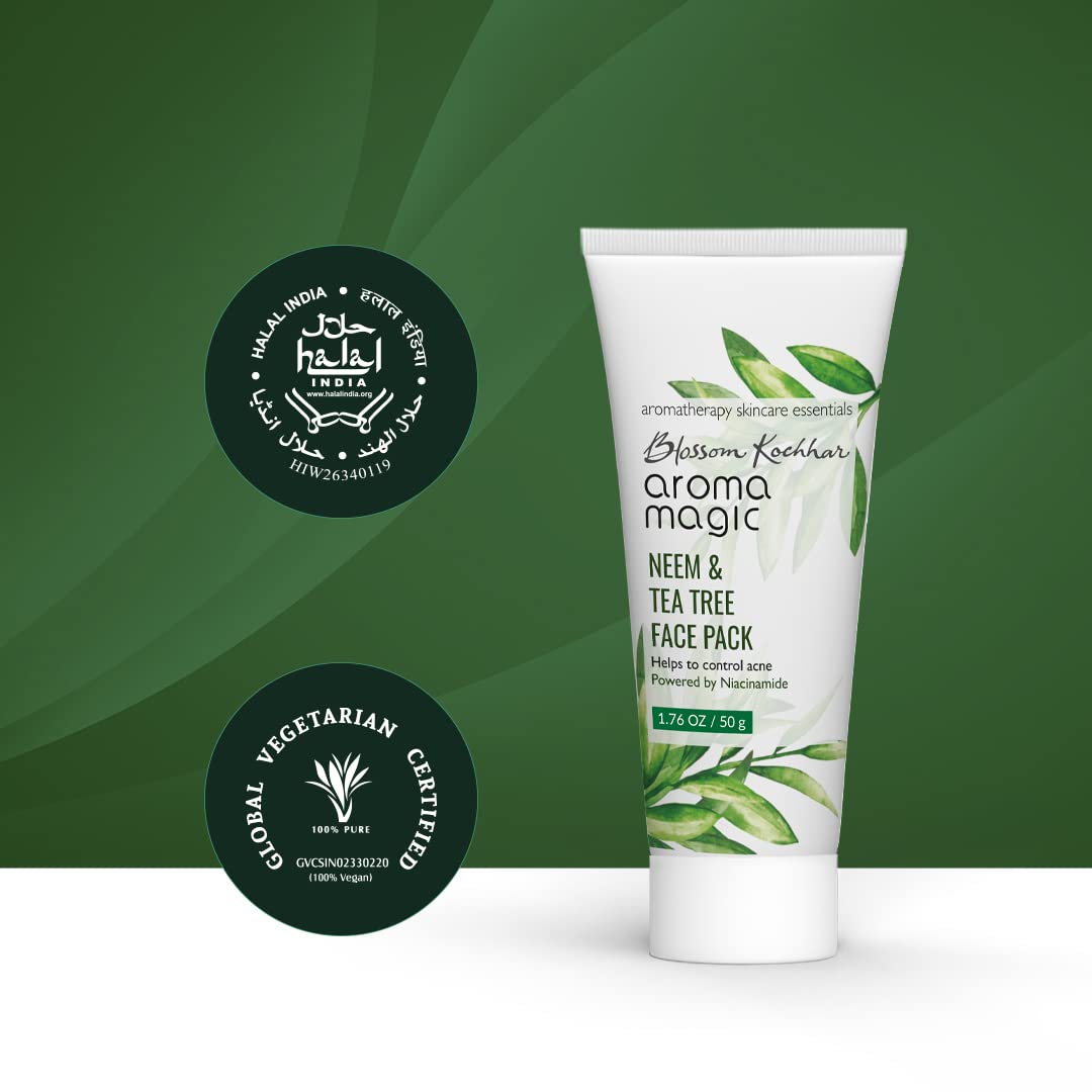 Aroma Magic Neem & Tea Tree Face Pack with 5% Niacinamide, Aloe Vera & Lemon Extracts - Acne Treatment for Oily Skin, Reduces Blackheads & Tightens Pores - Lavender Essential Oil Infused - 50g | Perfect for Daily Skincare Routine & Post-Workout Face Care