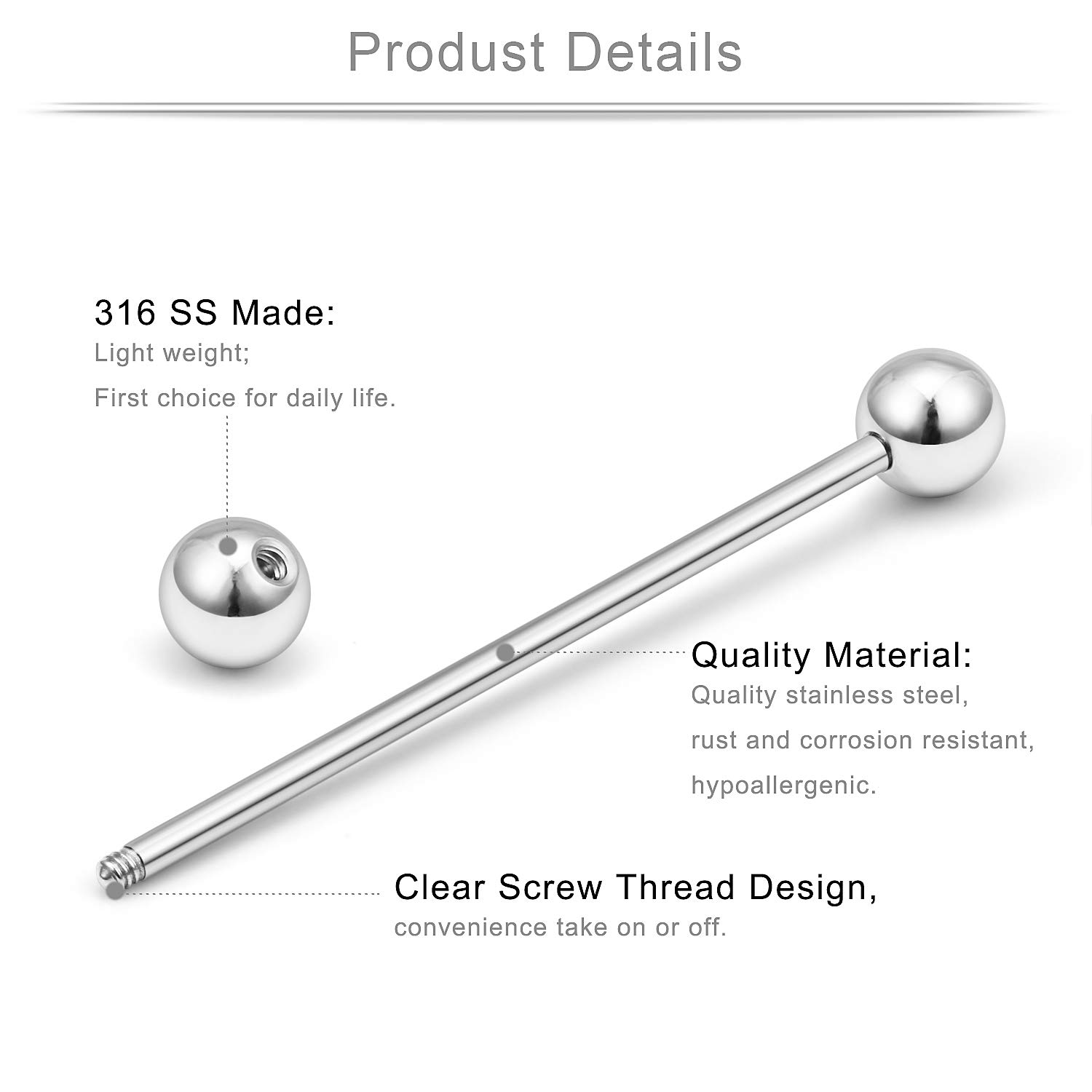 Ruifan 14 Gauge Short Industrial Barbell Cartilage Earring - 1 1/4 Inch (32mm) Body Piercing Jewelry for Men & Women - Perfect for Helix, Tragus, Conch and Industrial Piercings