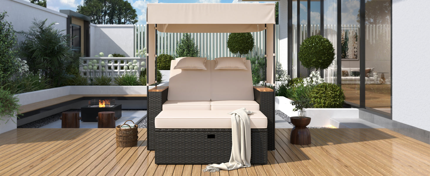 2-Piece Outdoor Rattan Daybed with 5 Adjustable Positions - Patio Loveseat Sofa Set for Poolside, Garden, or Backyard Relaxation