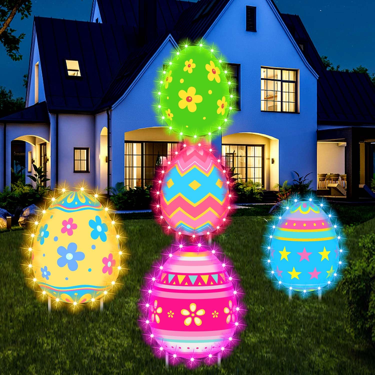 5 Pack LED Glow Easter Yard Signs with Stakes - Large Outdoor Easter Egg Lawn Decorations - Waterproof LED String Lights for Garden, Party, Holiday Decor (Perfect for Easter, Spring, Halloween & Christmas)