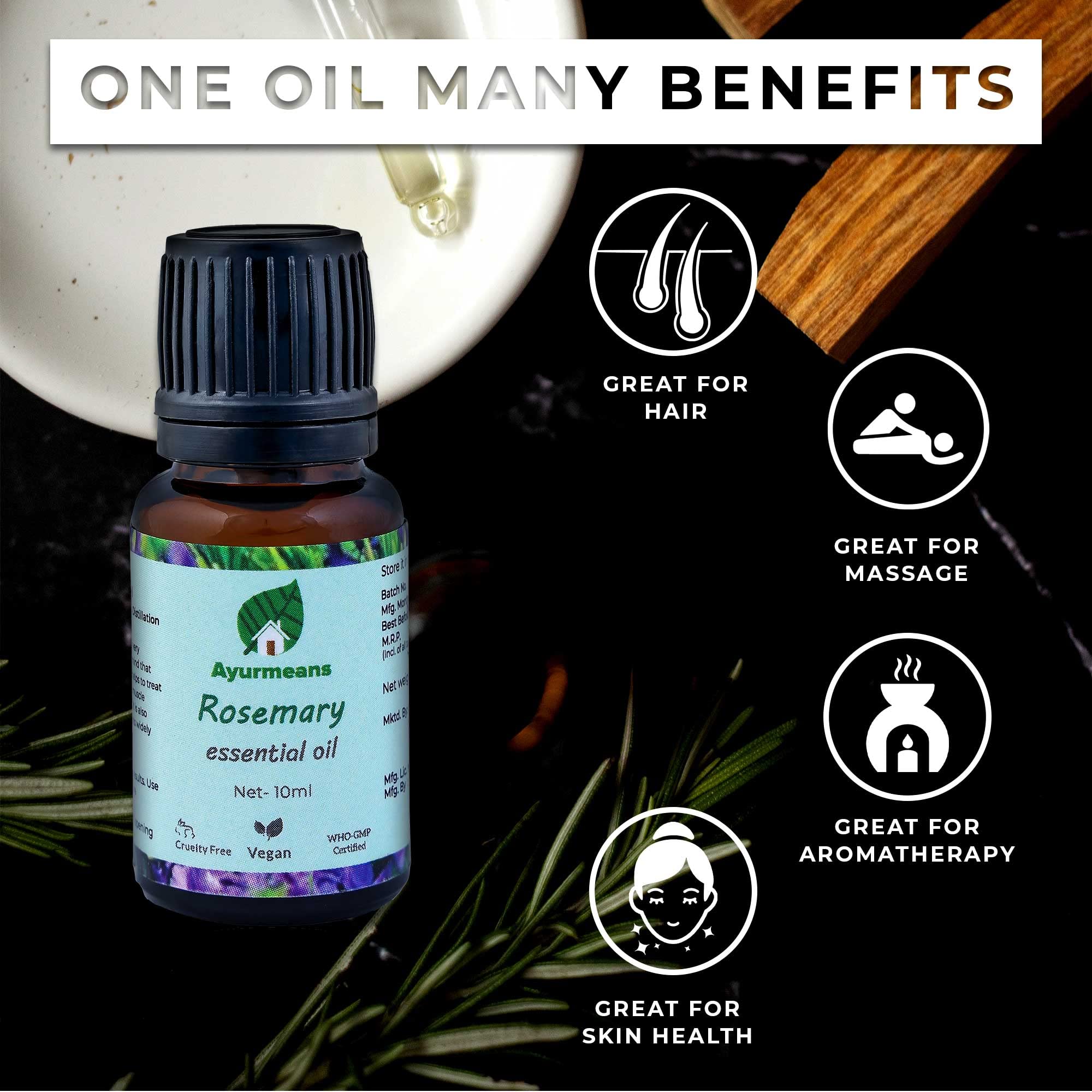 Ayurmeans Pure Rosemary Essential Oil 10ml - Natural Aromatherapy for Stress Relief, Hair Growth & Pain Relief | Perfect for Diffusers, Massage & Skincare