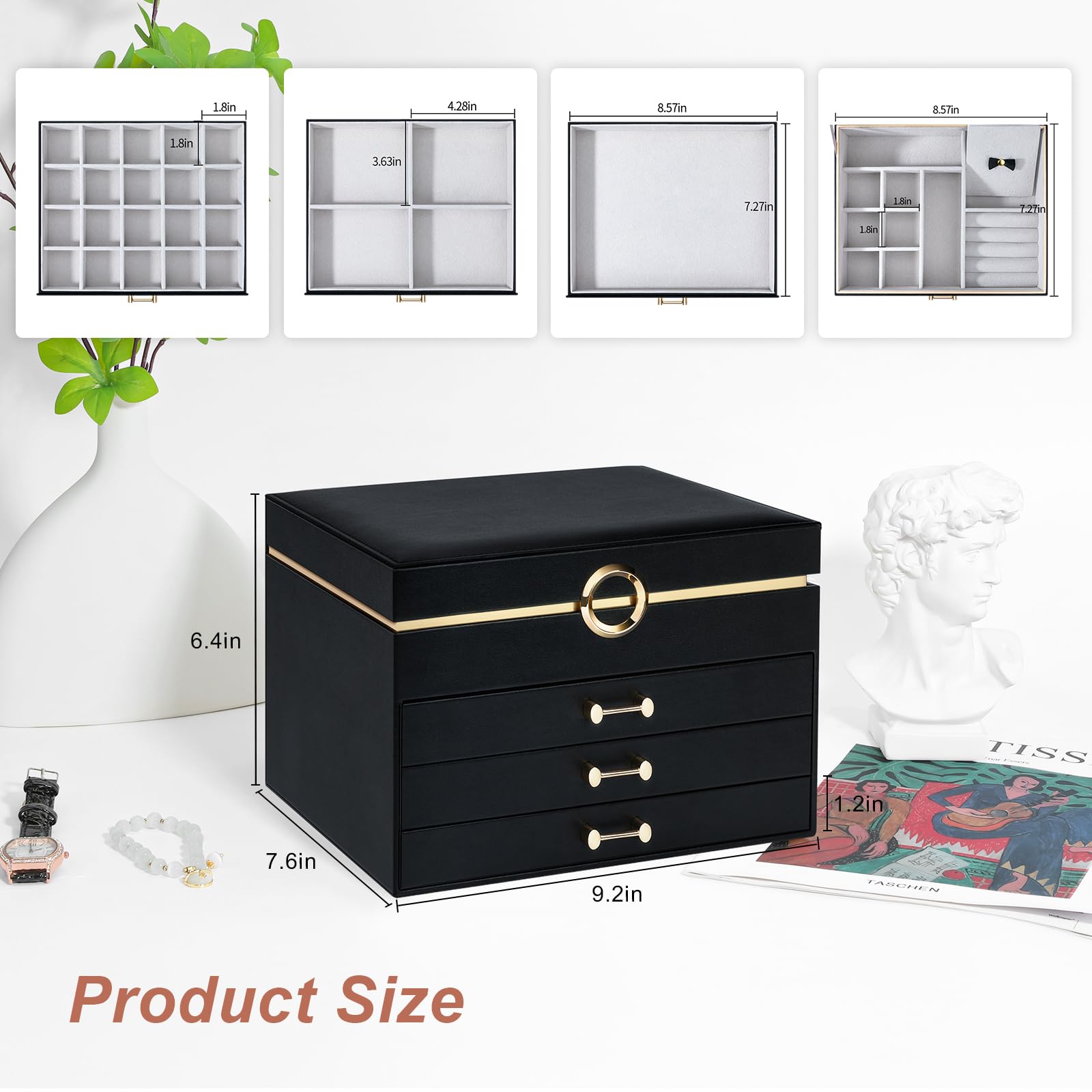4-Layer Large Jewelry Organizer Box for Women with 3 Drawers - Modern Storage Case for Earrings, Rings, Bracelets & Necklaces (Black) | Perfect for Bedroom Vanity, Travel & Gift Giving
