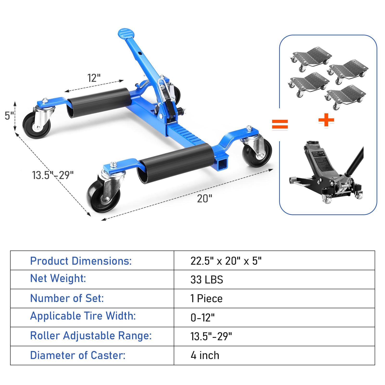 PULLAFUN 4-Piece Car Dolly Set with Hydraulic Jack - 1500 LBS Capacity Wheel Skates for Vehicle Positioning & Moving - Perfect for Garage Storage, Auto Repair Shops & Tire Maintenance