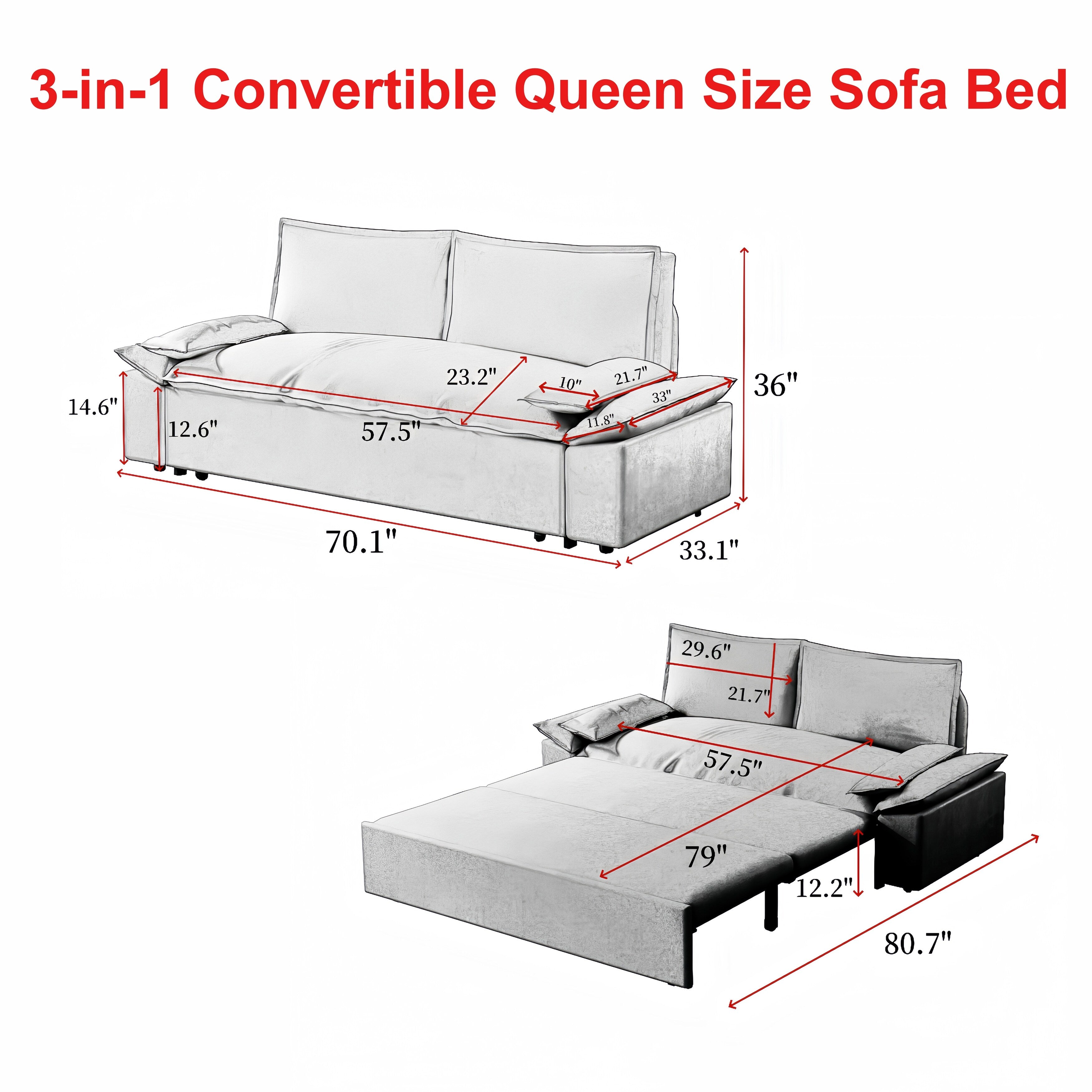 3 in 1 Convertible Sleeper Sofa Bed - Queen Size Pull Out Couch with Velvet Upholstery & Pillows - Space Saving Furniture for Small Apartments, Guest Rooms & Home Offices