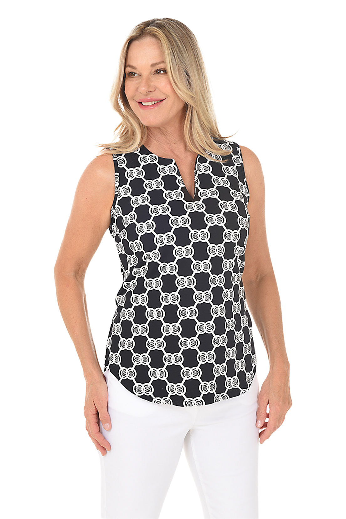 Double Medallion UPF50+ Split Neck Sleeveless Top - Sun Protection Women's Workout Shirt for Yoga, Running & Outdoor Activities
