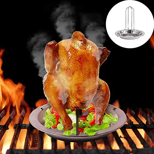 Stainless Steel Folding Chicken Roaster Rack - Vertical Grill Stand with Drip Pan for BBQ, Ribs & Turkey | Non-Stick, Portable for Home, Camping & Outdoor Cooking | 16.5x17cm (6x7inch) White | Perfect for Backyard Grilling, Picnics & Tailgating