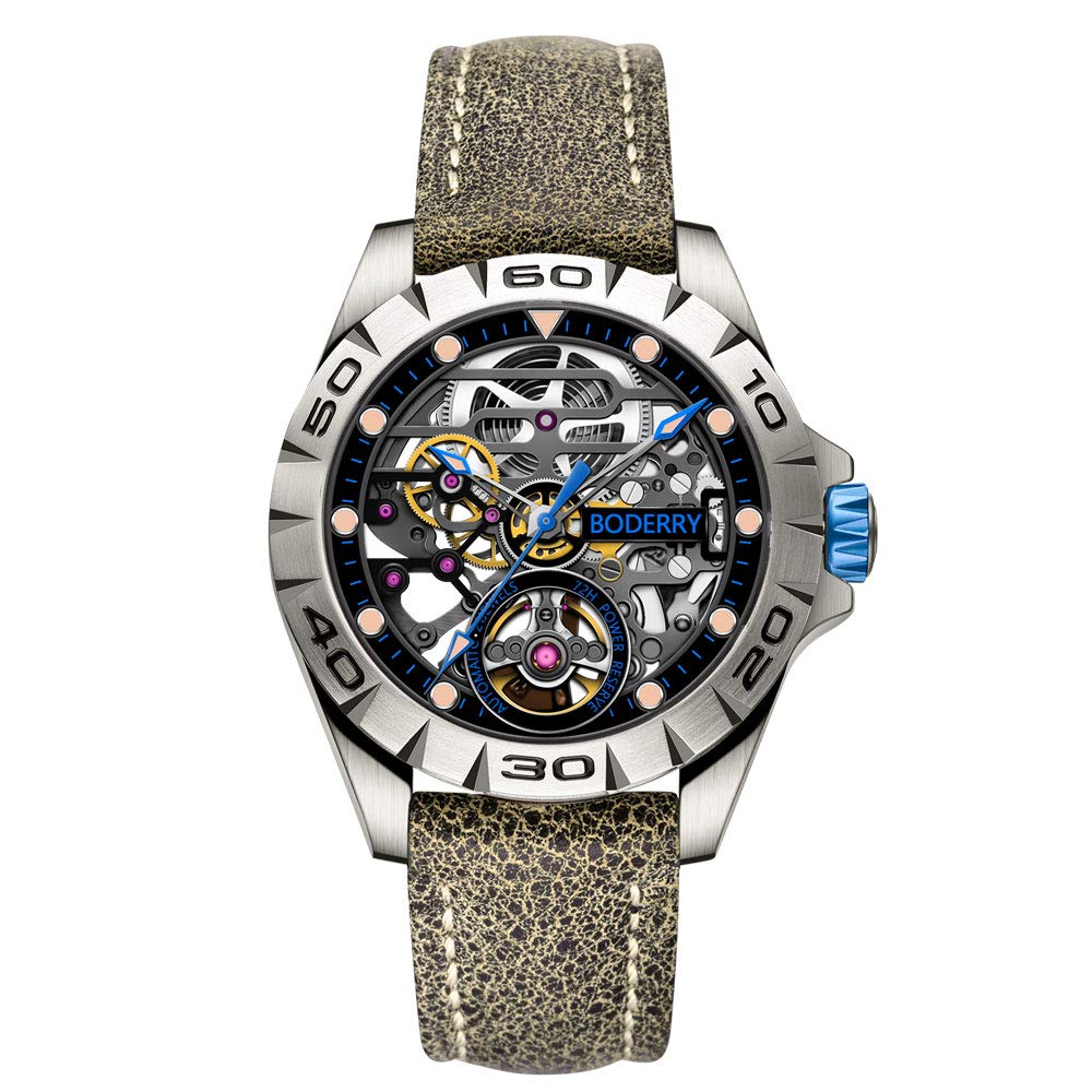 BODERRY Titanium Automatic Mechanical Watch for Men - 40mm Skeleton Design with 72-Hour Power Reserve - Waterproof Luxury Dress Watch - Perfect Gift for Him - Ideal for Business, Formal Events & Everyday Wear