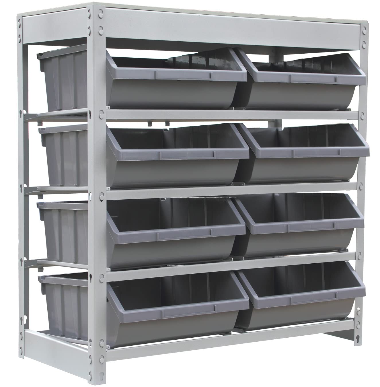 King's Rack 4-Tier Boltless Steel Storage Shelf with 8 Plastic Bins - Heavy Duty Garage Shelving Unit for Home Organization, Warehouse, Retail Store & Workshop Storage Solutions