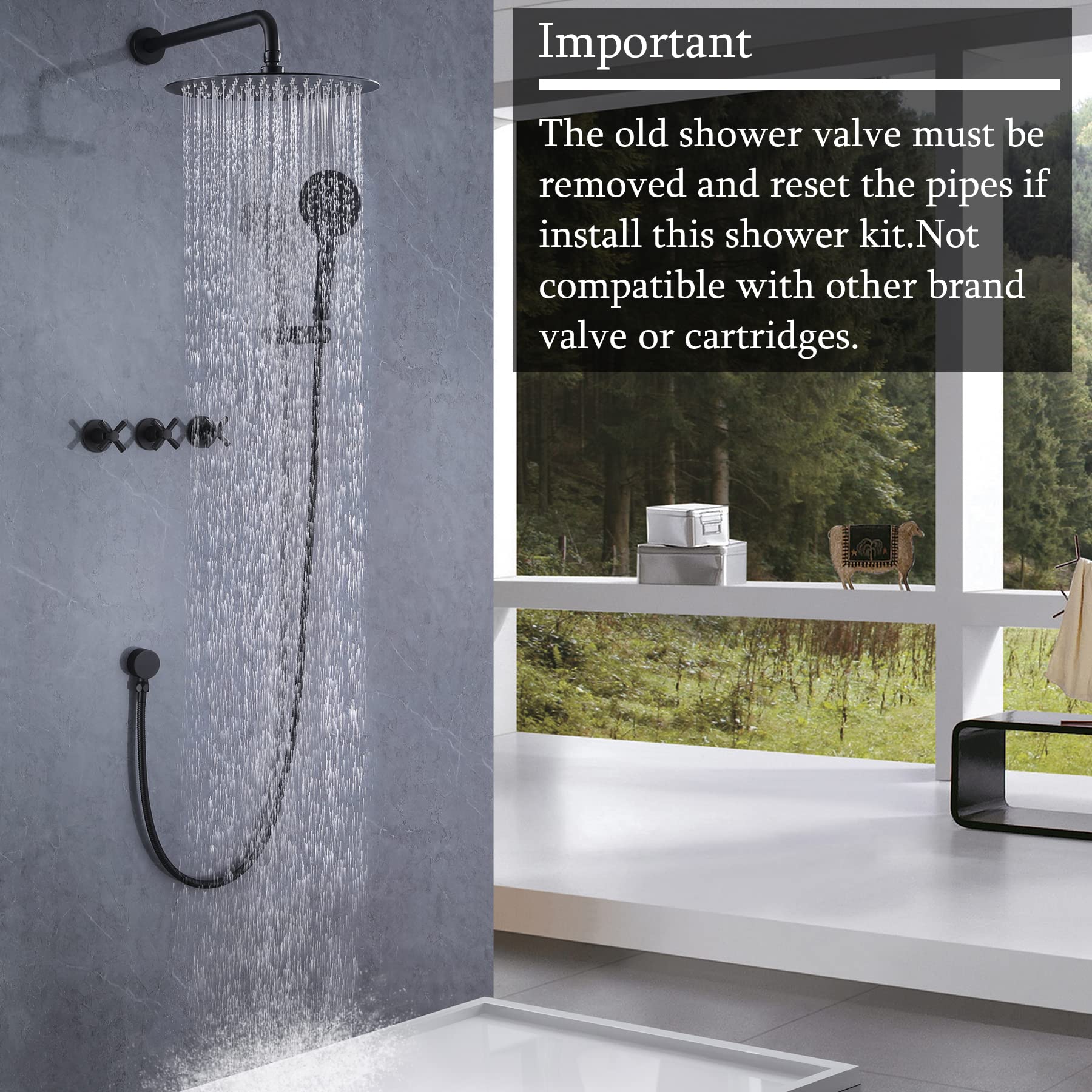 3 Handle Matte Black Shower Faucet Set with 10