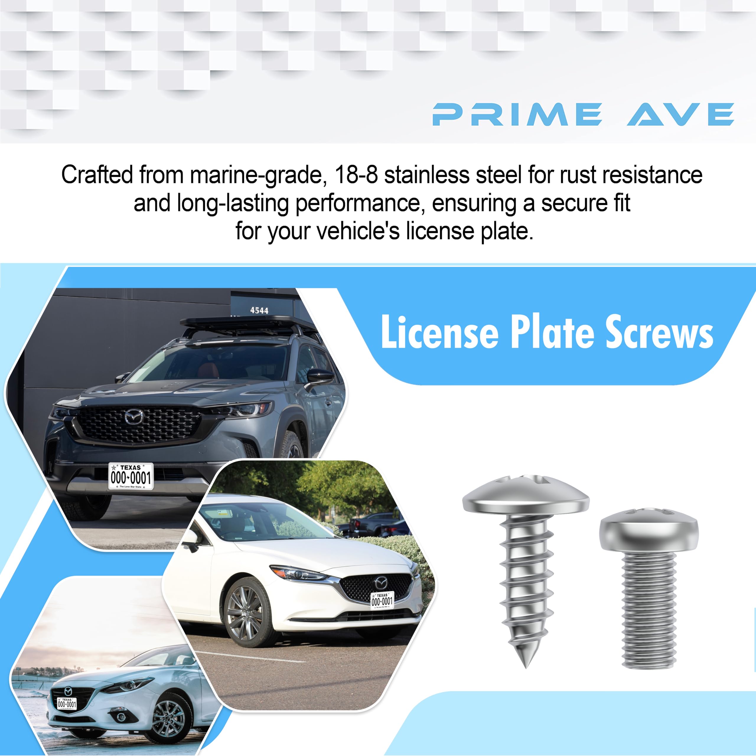 Stainless Steel License Plate Screws - Rust Proof & Durable Fasteners for Car License Plates, Frames & Covers - Fits Mazda & Most Vehicles (8-Pack) - Perfect for Front/Rear Plate Installation & Secure Mounting