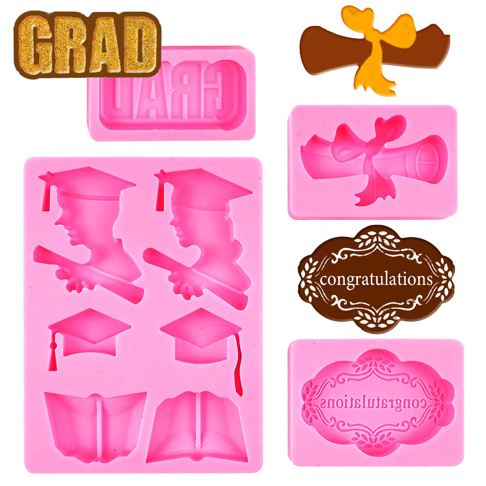4-Piece Graduation Silicone Mold Set - Fondant, Chocolate, Resin Molds for Diploma & Graduation Cap - Perfect for Cake, Cookie, Cupcake Decorations - Great for Graduation Parties & Celebrations (Pink)