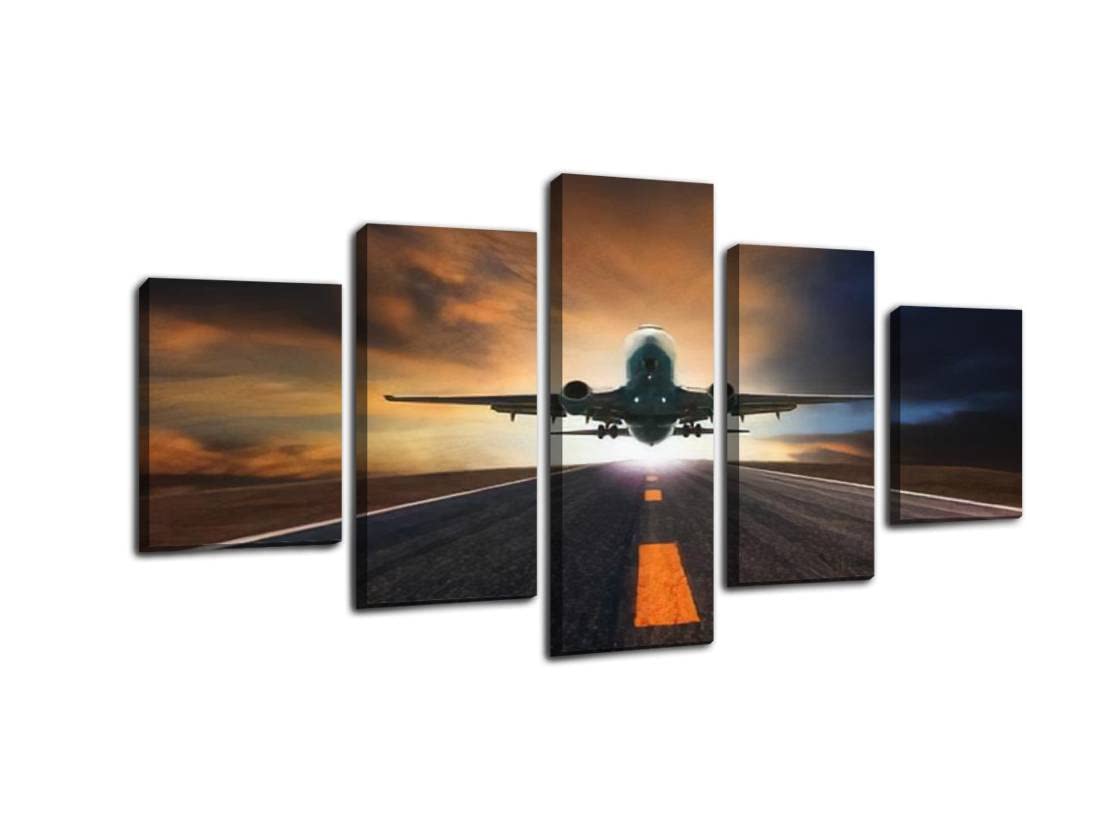 5 Panels Modern Wall Art - Stretched Framed Canvas Painting of Passenger Jet Flying Over Airport Runway at Sunset - Home & Office Decor for Living Room, Bedroom, Office Space