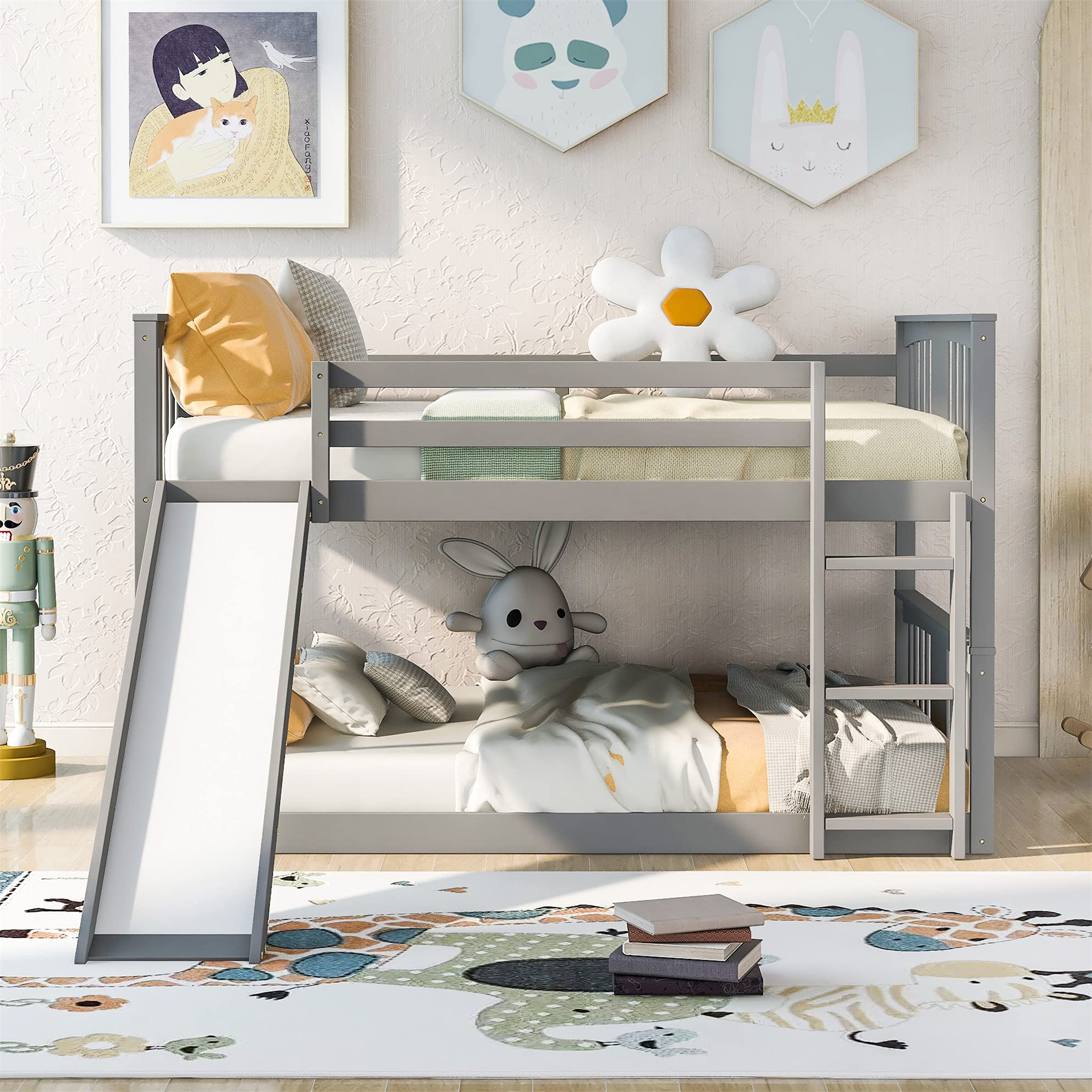 Bellemave Full Over Full Bunk Bed with Slide - Solid Wood Low Bunk Bed with Ladder for Kids & Toddlers (Gray) - Perfect for Small Bedrooms, Shared Kids Rooms & Sleepovers
