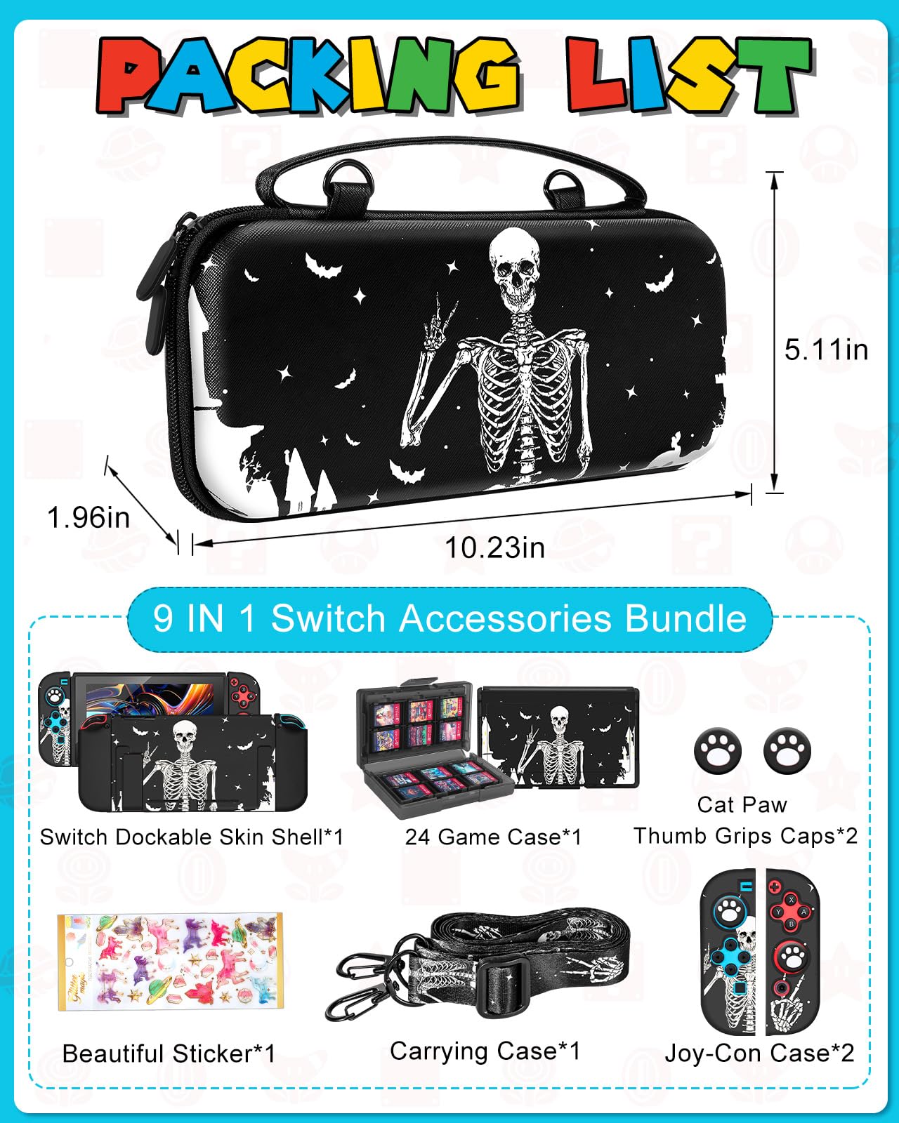9-in-1 Skull Skeleton Nintendo Switch Case Bundle - Protective Carrying Case with Thumb Grips, Game Holder, Dockable Skin, Shoulder Strap & Stickers - Perfect for Travel, Gaming Parties & Switch Accessories Storage
