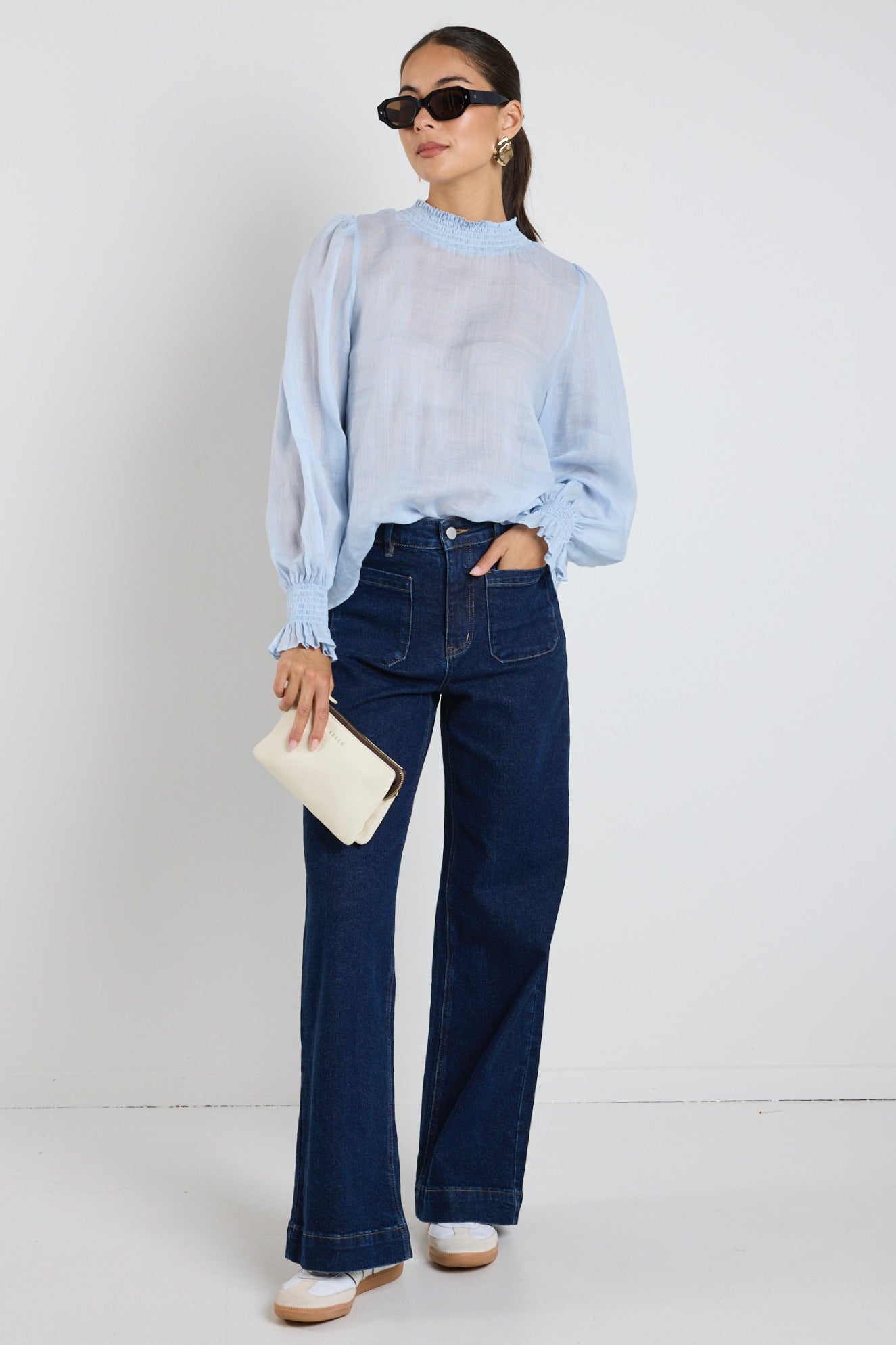 Embrace Ice Blue Ramie Shirred Neck Long Sleeve Top for Women - Boho Chic Blouse for Casual Wear & Summer Outfits