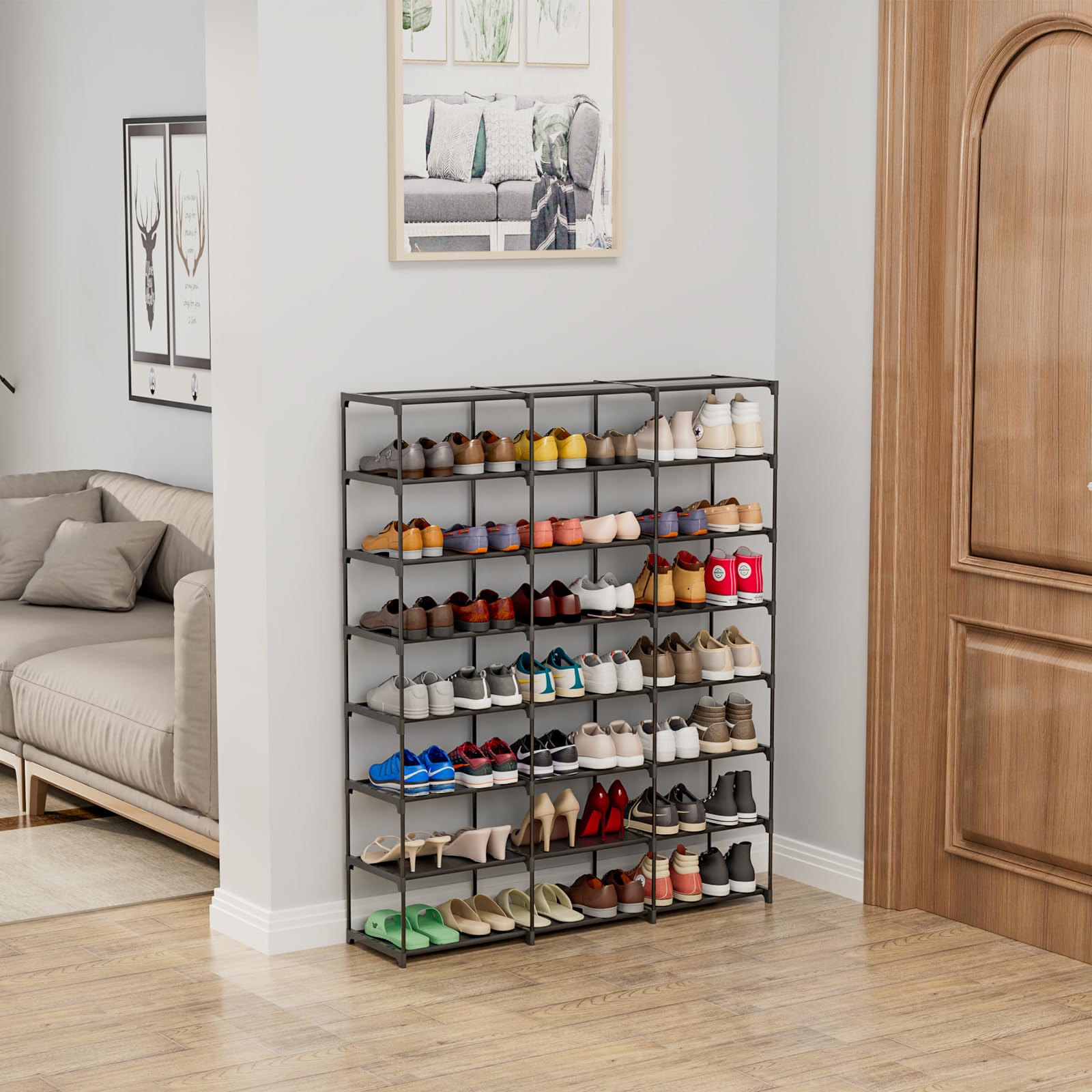 3-Tier Shoe Rack Organizer for 40-60 Pairs of Shoes & Boots - Sturdy Plastic Shoe Shelf with 8 Storage Levels - Perfect for Entryway, Hallway, Closet, Garage & Front Door Storage - Space-Saving Shoe Tower for Home Organization