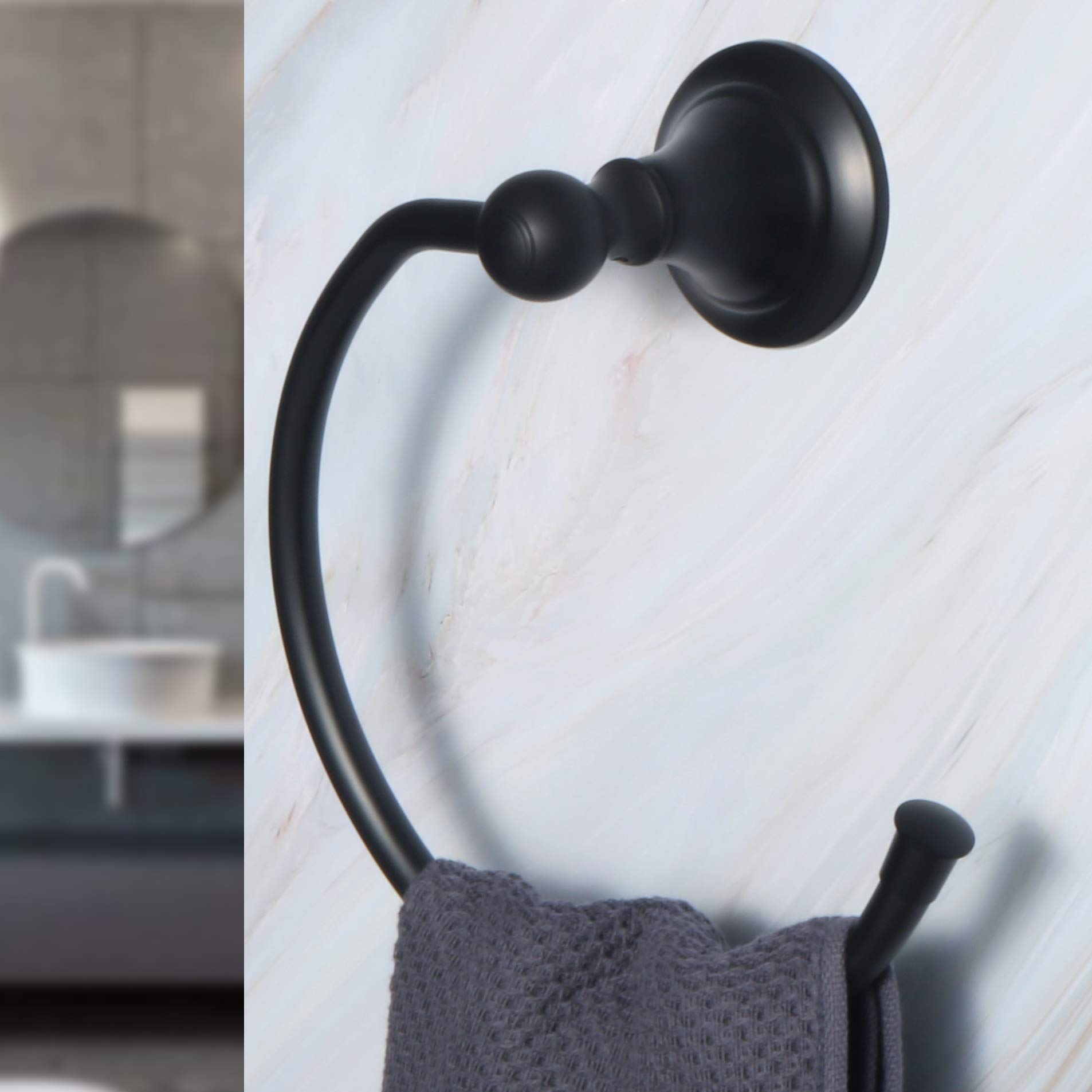 Stainless Steel Matte Black Towel Ring - Wall Mount Bathroom Hand Towel Holder & Hanger for Bath, Kitchen, and Laundry Room Storage Accessories | GOKE5107-B