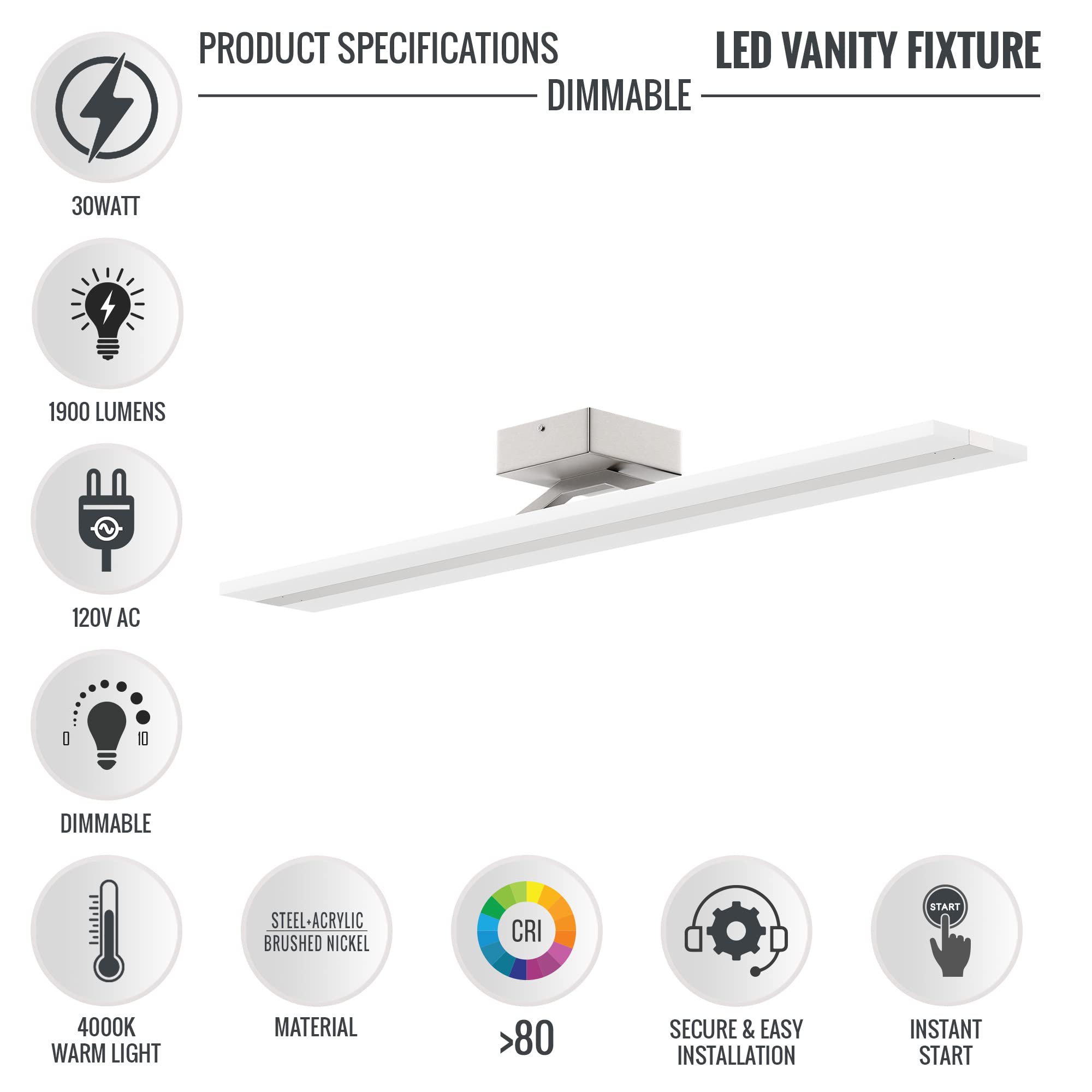 LEDMyplace 36-inch 30W Dimmable LED Bathroom Vanity Light - 4000K Cool White, 1900 Lumens, Brushed Nickel Finish - Modern Wall Sconce for Bathroom Mirror, Bedroom, Kitchen & Living Room Lighting