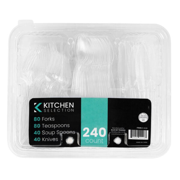 Clear Plastic Cutlery Sectional Tray - 240 Count Disposable Utensil Organizer for Parties, Picnics, Catering & Events - Knife Fork Spoon Holder