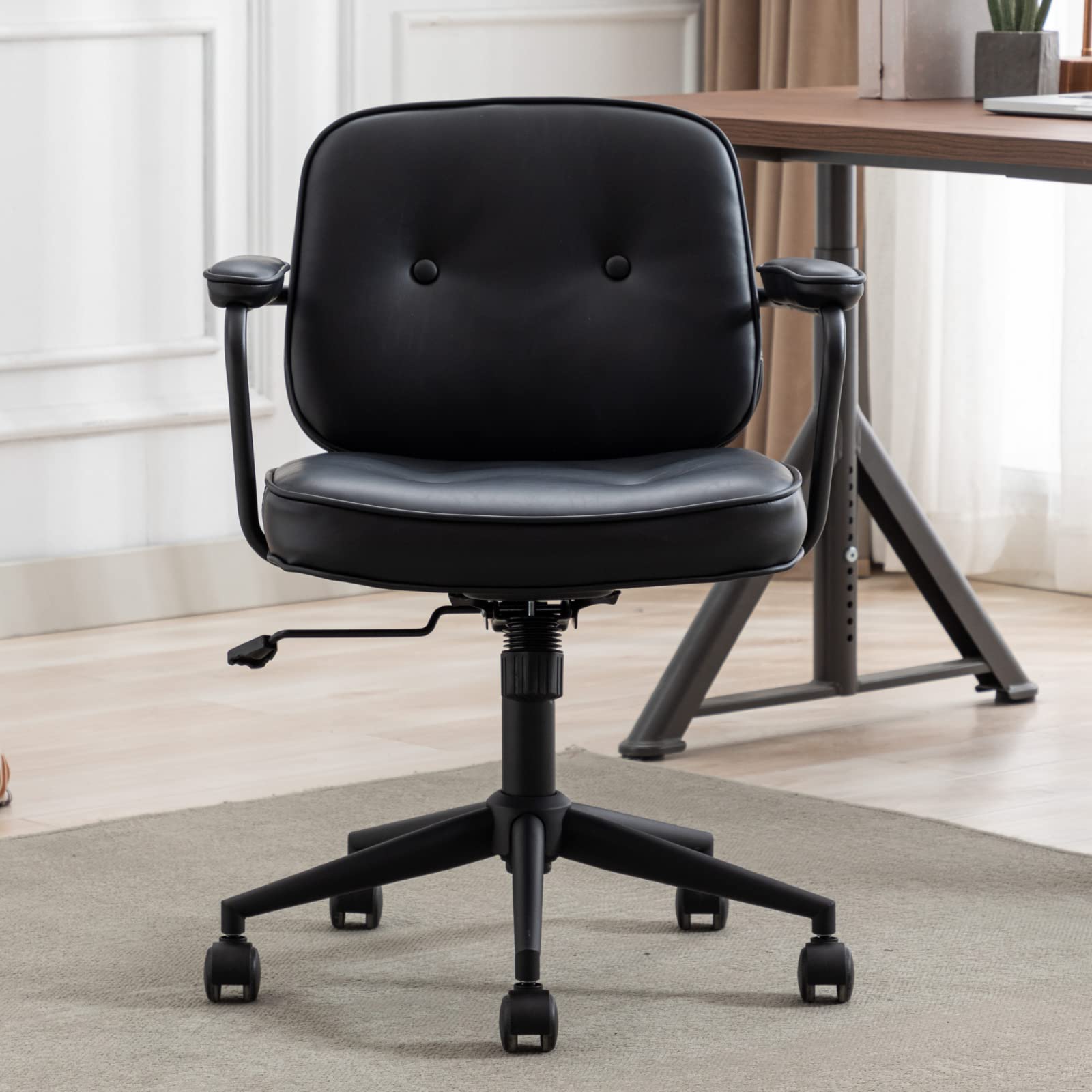 LukeAlon Adjustable PU Leather Office Chair - 360° Swivel Ergonomic Desk Chair with Armrests, Thickened Seat & Tilt Function for Home Office, Study or Gaming - Modern Button Tufted Computer Chair in Black