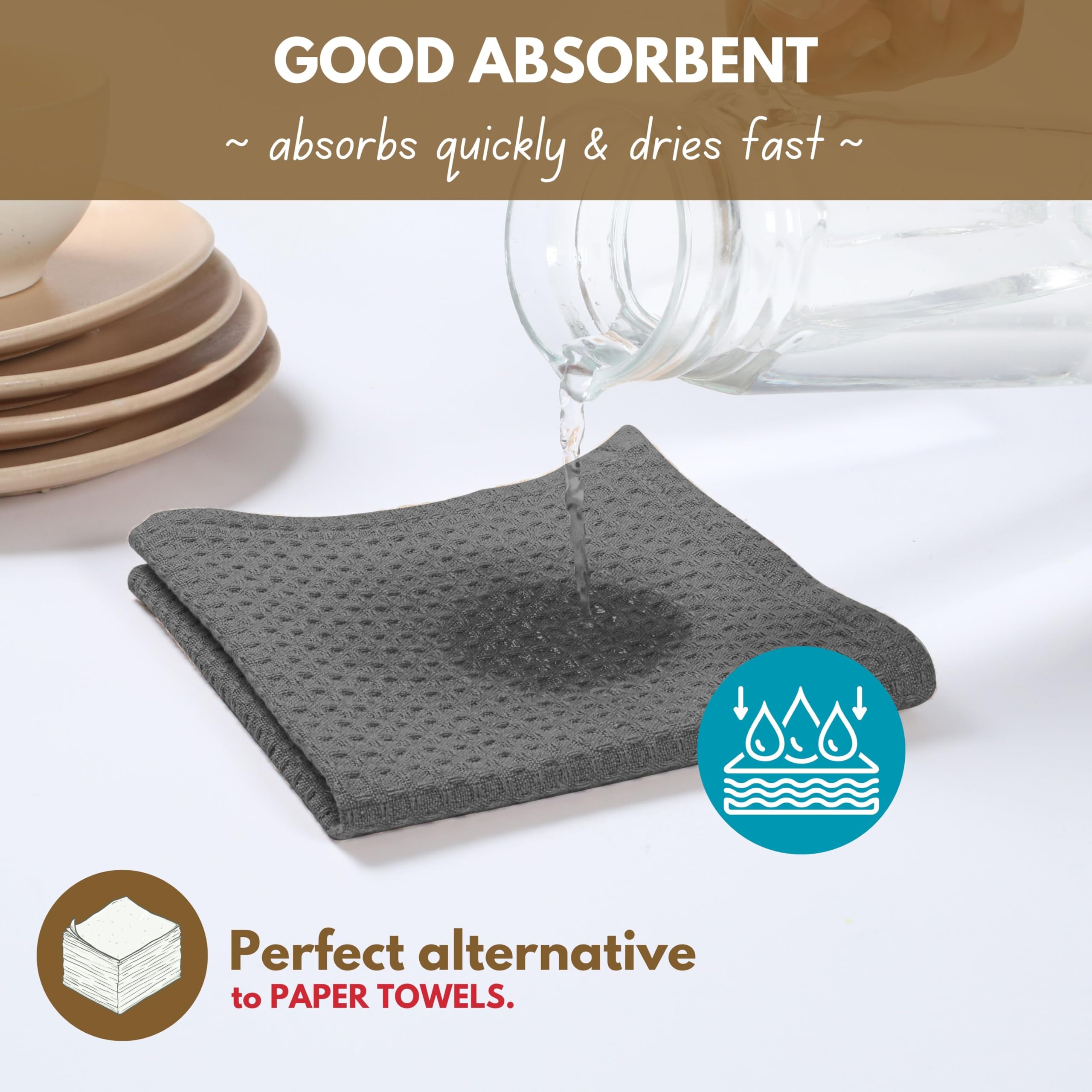 Premium Waffle Weave Kitchen Towels 16x26 Inches - 4-Pack Ultra Soft & Absorbent Cotton Dish Cloths for Cleaning, Drying Dishes & Countertops - Includes Hanging Loop - Perfect for Kitchen, Bar, Restaurant & Home Use (Grey)