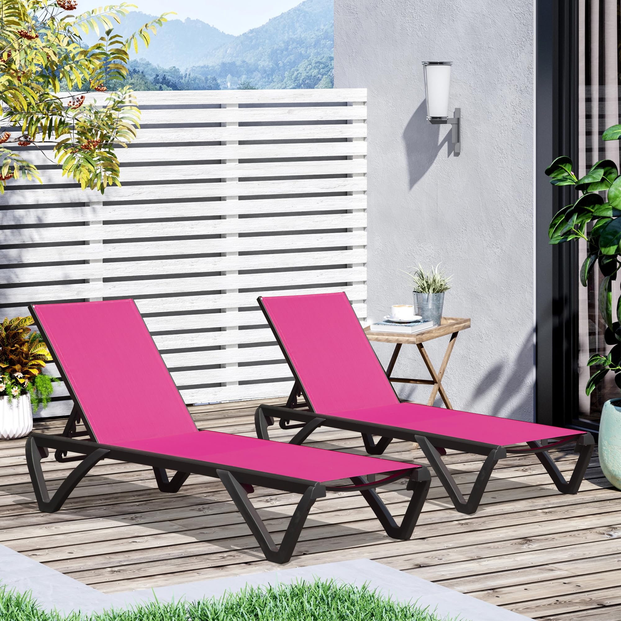 **Domi Pool Lounge Chairs Set of 2, Adjustable Aluminum Patio Chaise Lounge with Wheels - 5-Position Reclining, All-Weather Outdoor Furniture for Beach, Yard, Balcony & Poolside (Pink) - Perfect for Sunbathing, Relaxing & Outdoor Lounging**