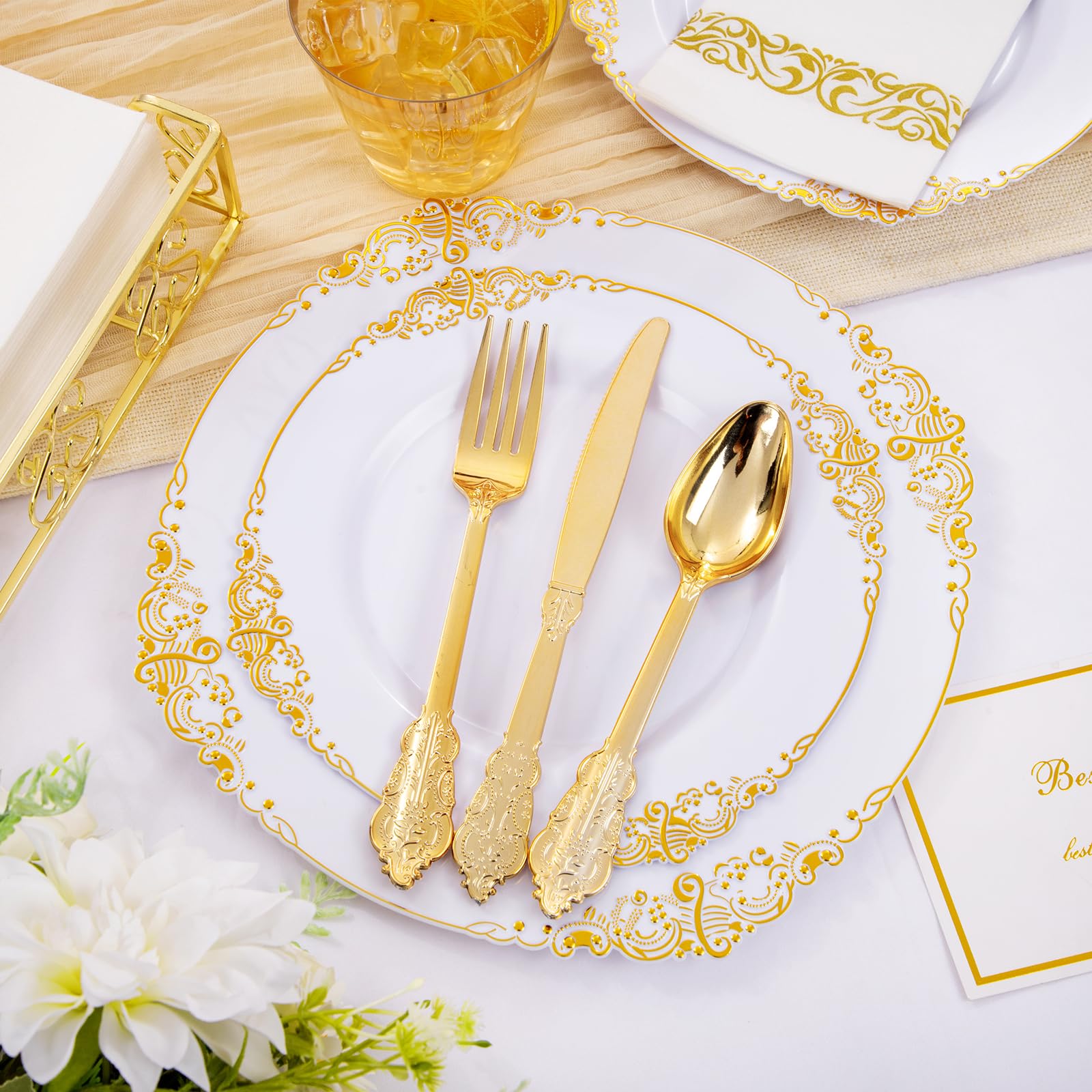 Hioasis 350-Piece White and Gold Disposable Plastic Dinnerware Set - 50 Dinner Plates, 50 Dessert Plates, 50 Forks, 50 Spoons, 50 Knives, 50 Cups & 50 Napkins - Elegant Party Supplies for Weddings, Birthdays & Events