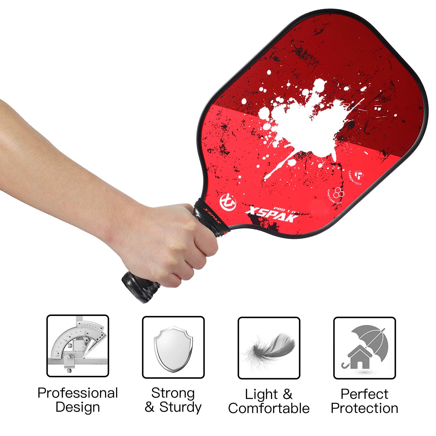 XS XSPAK Pickleball Paddle - USAPA Approved Lightweight Graphite Carbon Fiber Racket with Polypropylene Honeycomb Core | Includes Protective Cover | Perfect for Tournaments, Recreational Play & Outdoor Sports