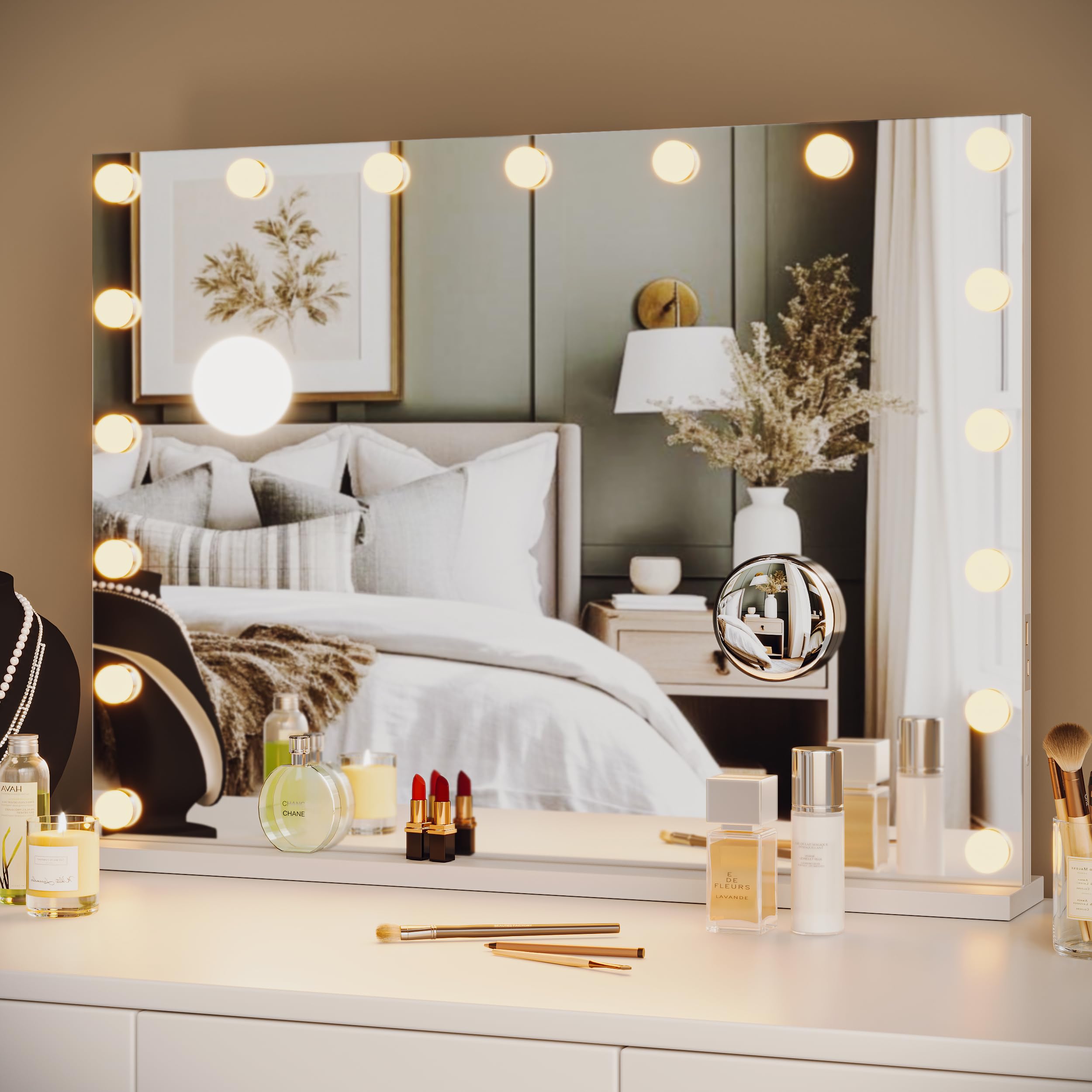 GAOMON 32 x 24 Inch LED Vanity Mirror with Lights - 17 LED Bulbs, 3 Color Modes, 3X Magnification, Touch Control & USB Port - Perfect for Makeup, Skincare, and Grooming in Bedroom, Bathroom, or Dressing Table