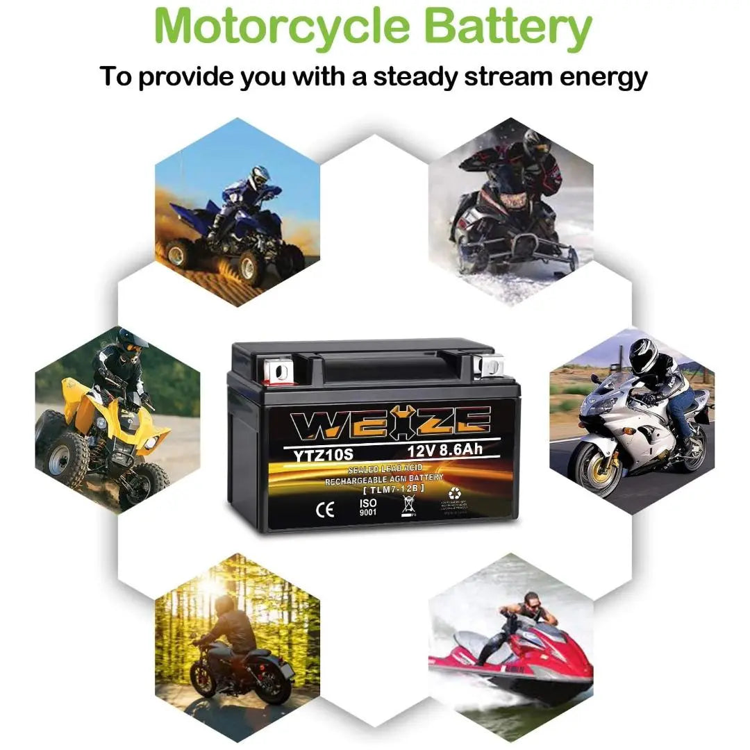 WEIZE YTZ10S BS 12V 8.6Ah High Performance Maintenance Free Sealed AGM Motorcycle Battery - Compatible with Yamaha, Honda - Perfect for Motorcycles, ATVs, Scooters & Powersports Vehicles