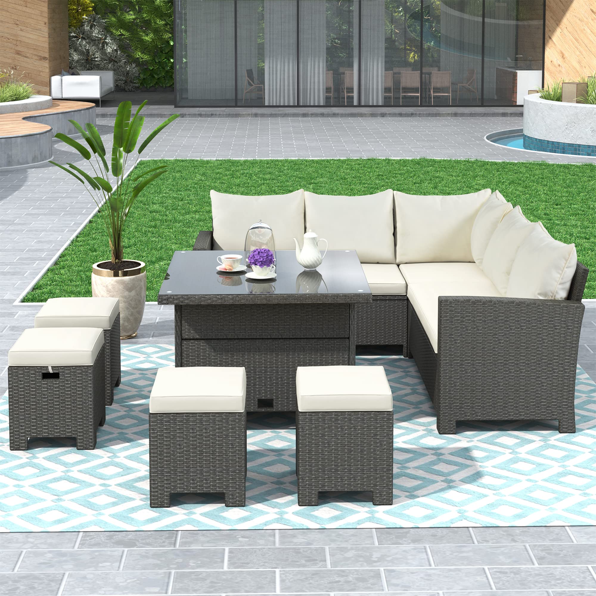 Merax 8-Piece All-Weather Patio Furniture Set - Rattan Wicker Outdoor Sofa Set with Glass Table, Ottoman & Armrest Chairs - Beige Cushions for Garden, Backyard, Poolside & Outdoor Dining