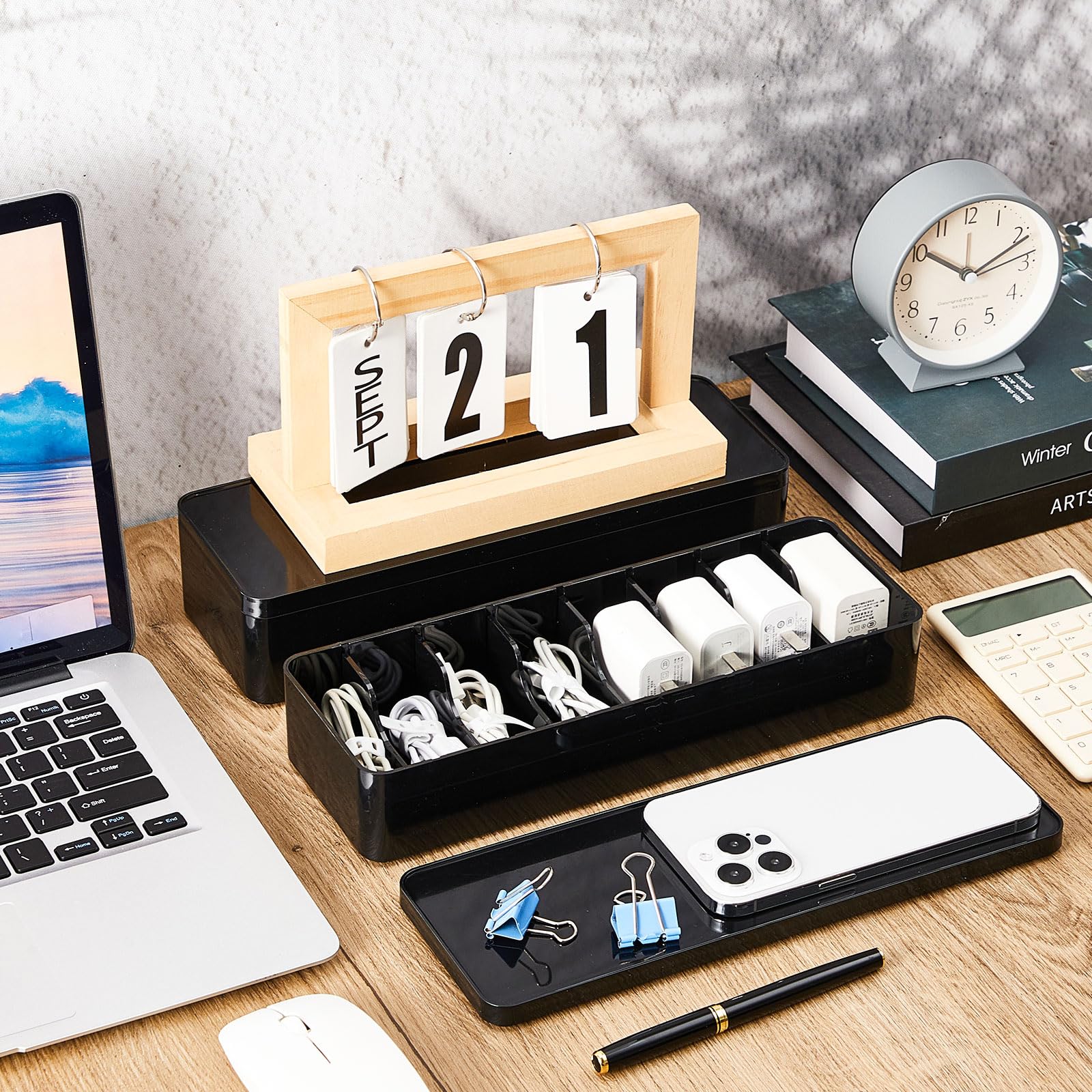 Tatuo 2-Pack Cable Organizer Set with 20 Wire Ties - Black Plastic Cord Storage Box with Lid for Home & Office Desk Organization - Perfect for Managing Computer Wires, Chargers & Electronic Cables